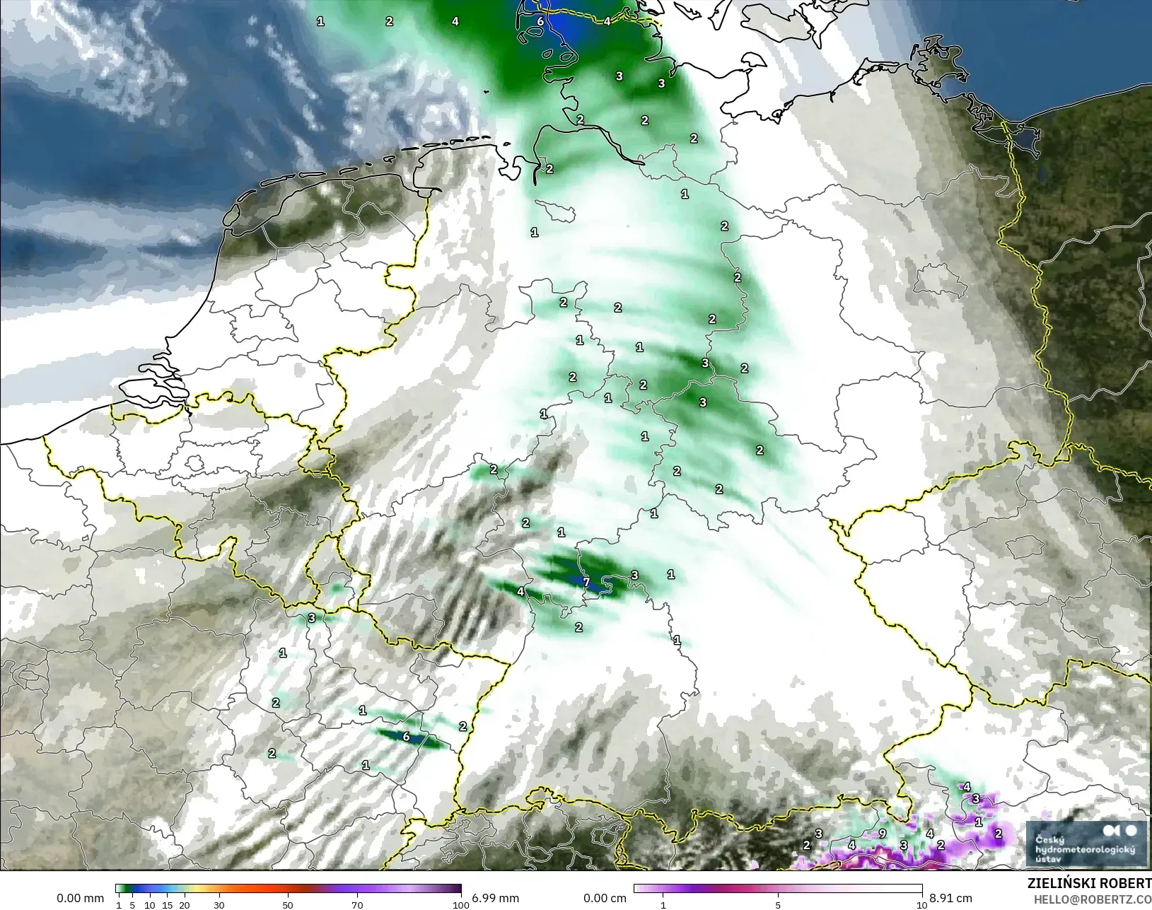 ALADIN CZ 2.3 km modelo - Germany, Precipitation, Clouds, and Pressure