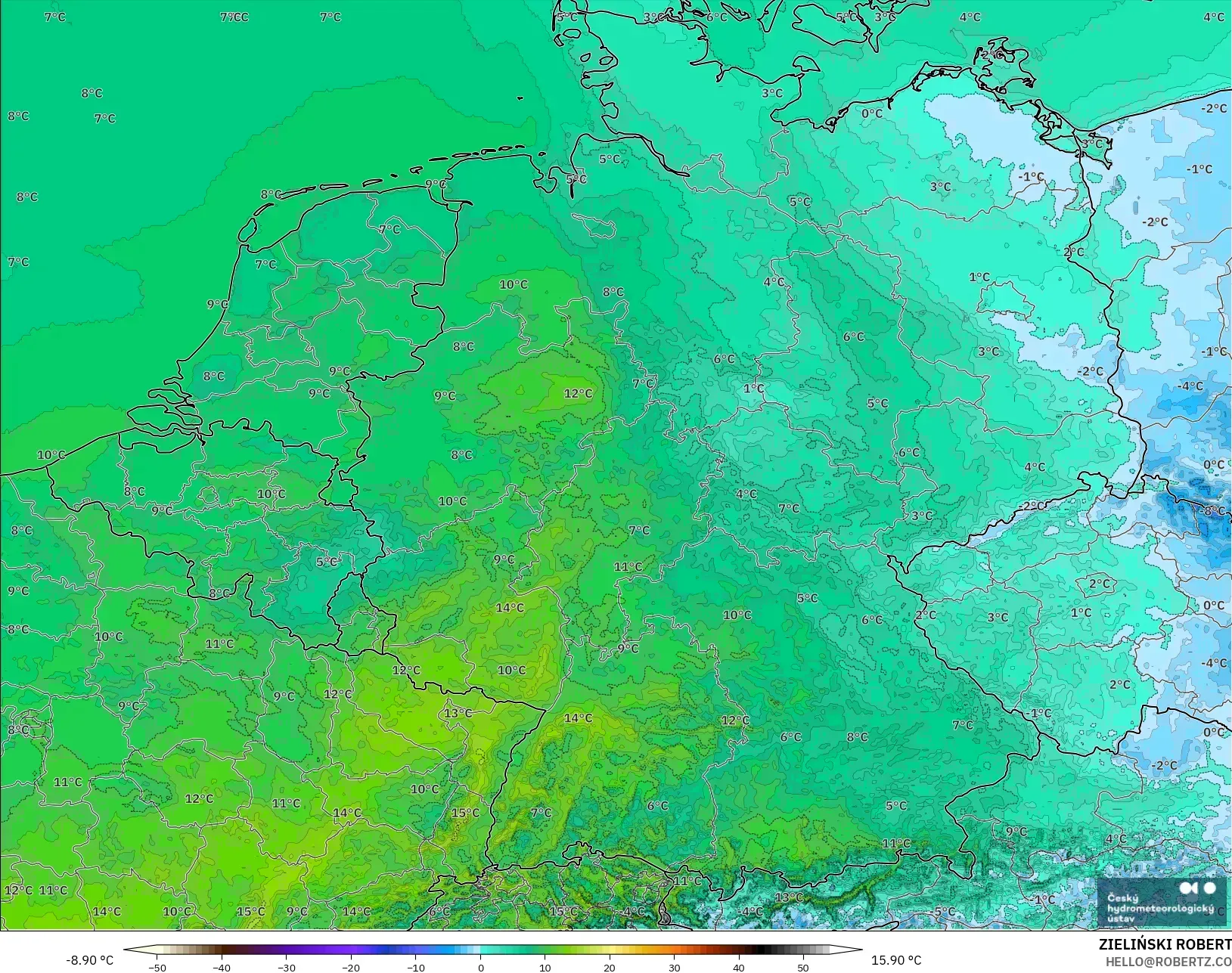 ALADIN CZ 2.3 km model - Jerman, Suhu pada 2 m