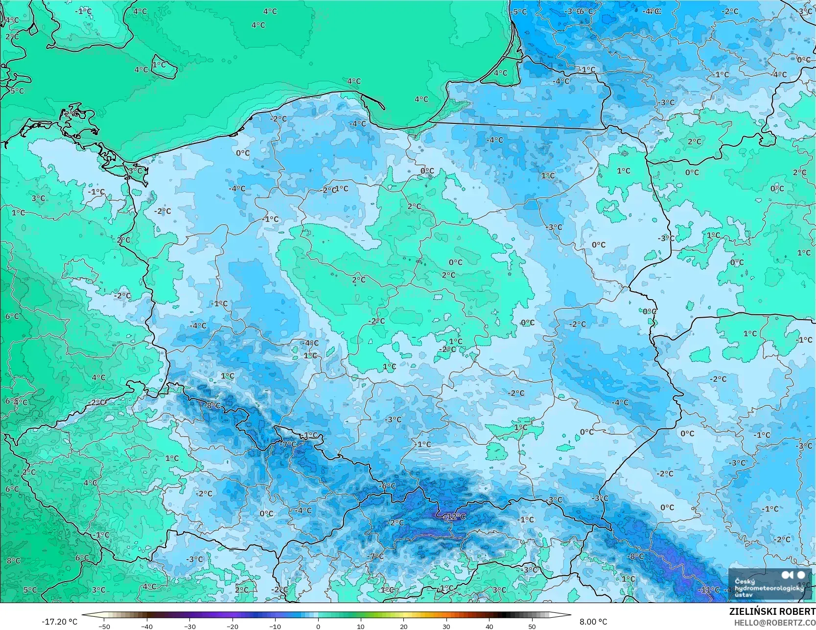 ALADIN CZ 2.3 km model - Poland, Suhu pada 2 m