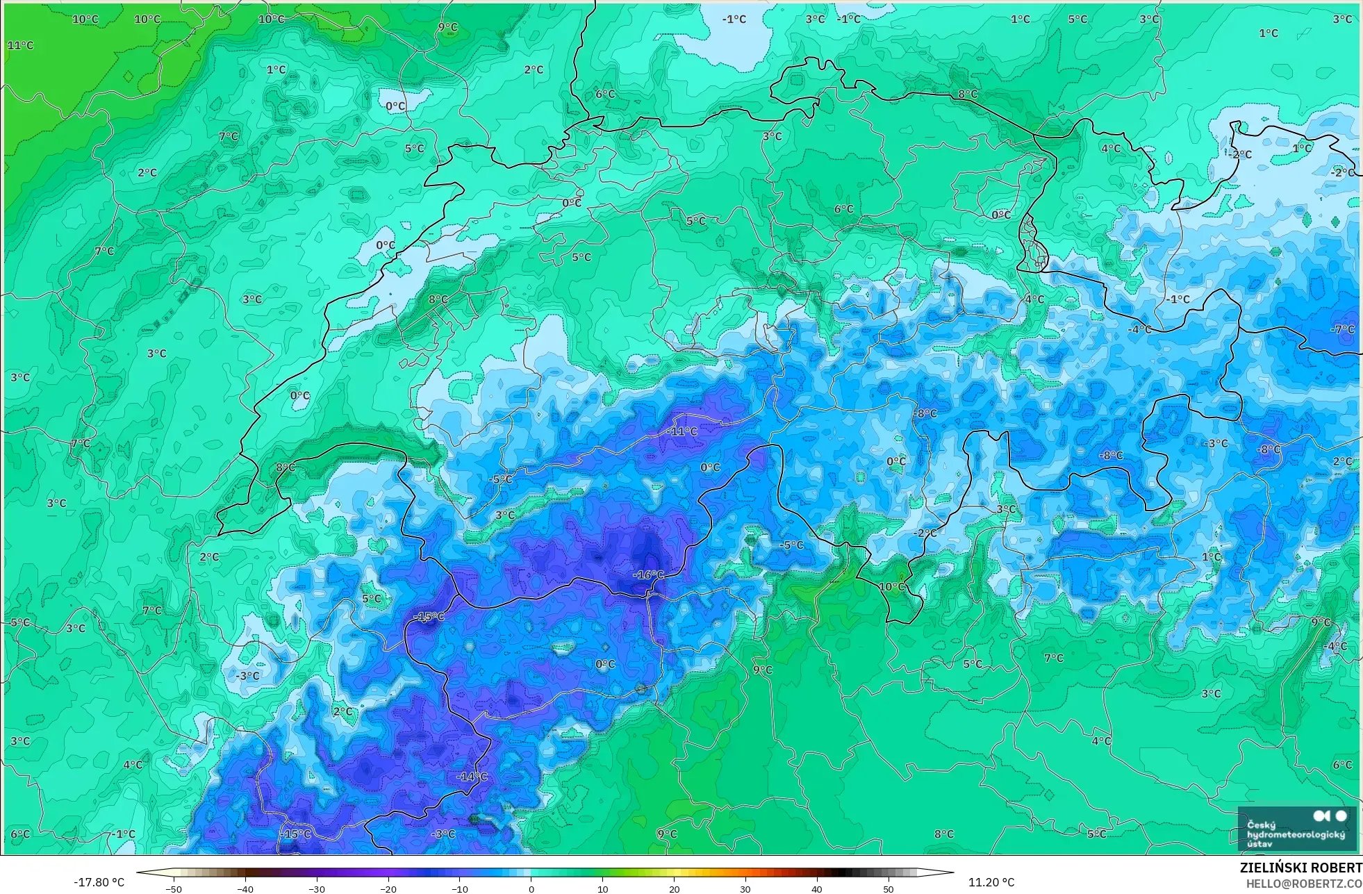 ALADIN CZ 2.3 km modelo - Switzerland, Dewpoint at 2m