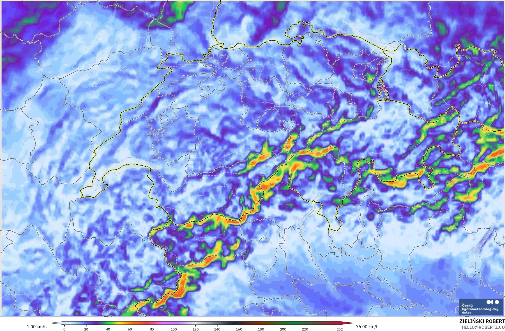 ALADIN CZ 2.3 km model - Switzerland, Hembusan Tertinggi