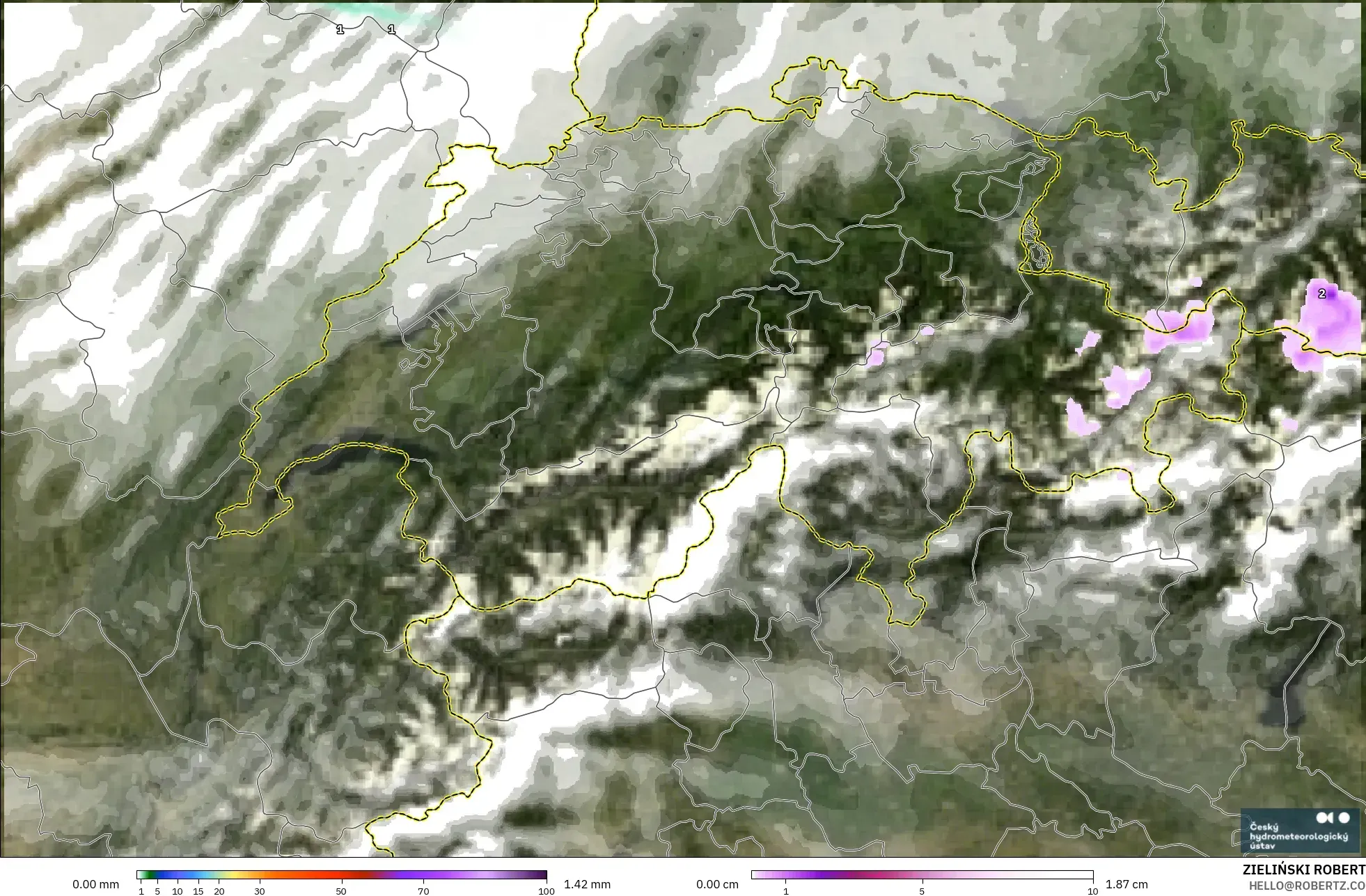 ALADIN CZ 2.3 km modelo - Switzerland, Precipitation, Clouds, and Pressure