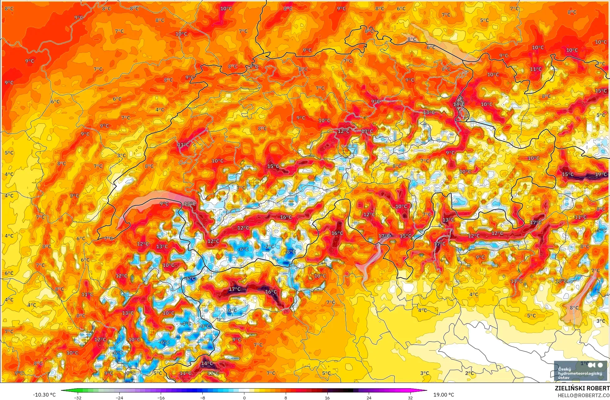 ALADIN CZ 2.3 km model - Switzerland, Anomali Suhu 2 m