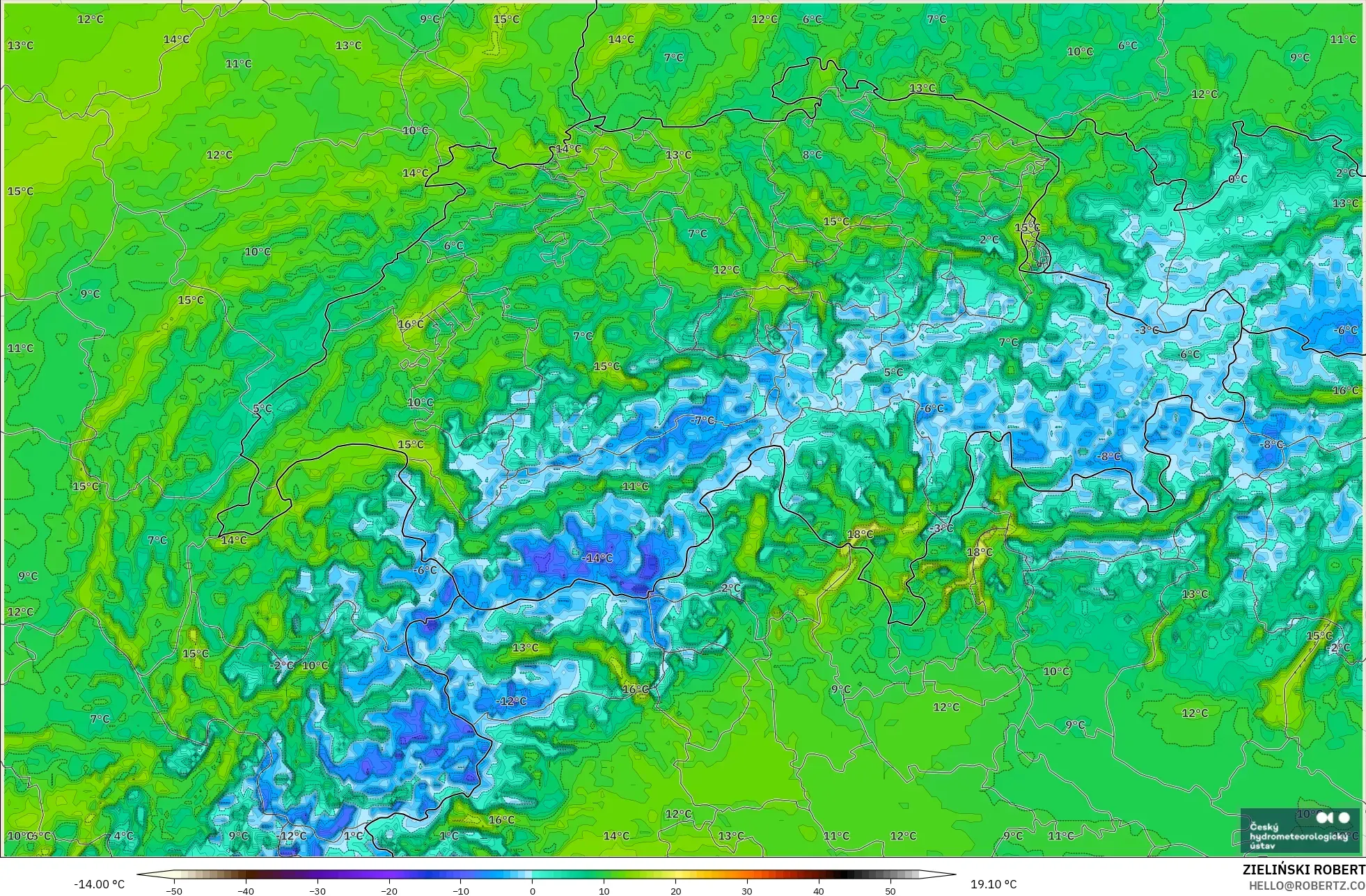 ALADIN CZ 2.3 km modelo - Switzerland, Temperature at 2m