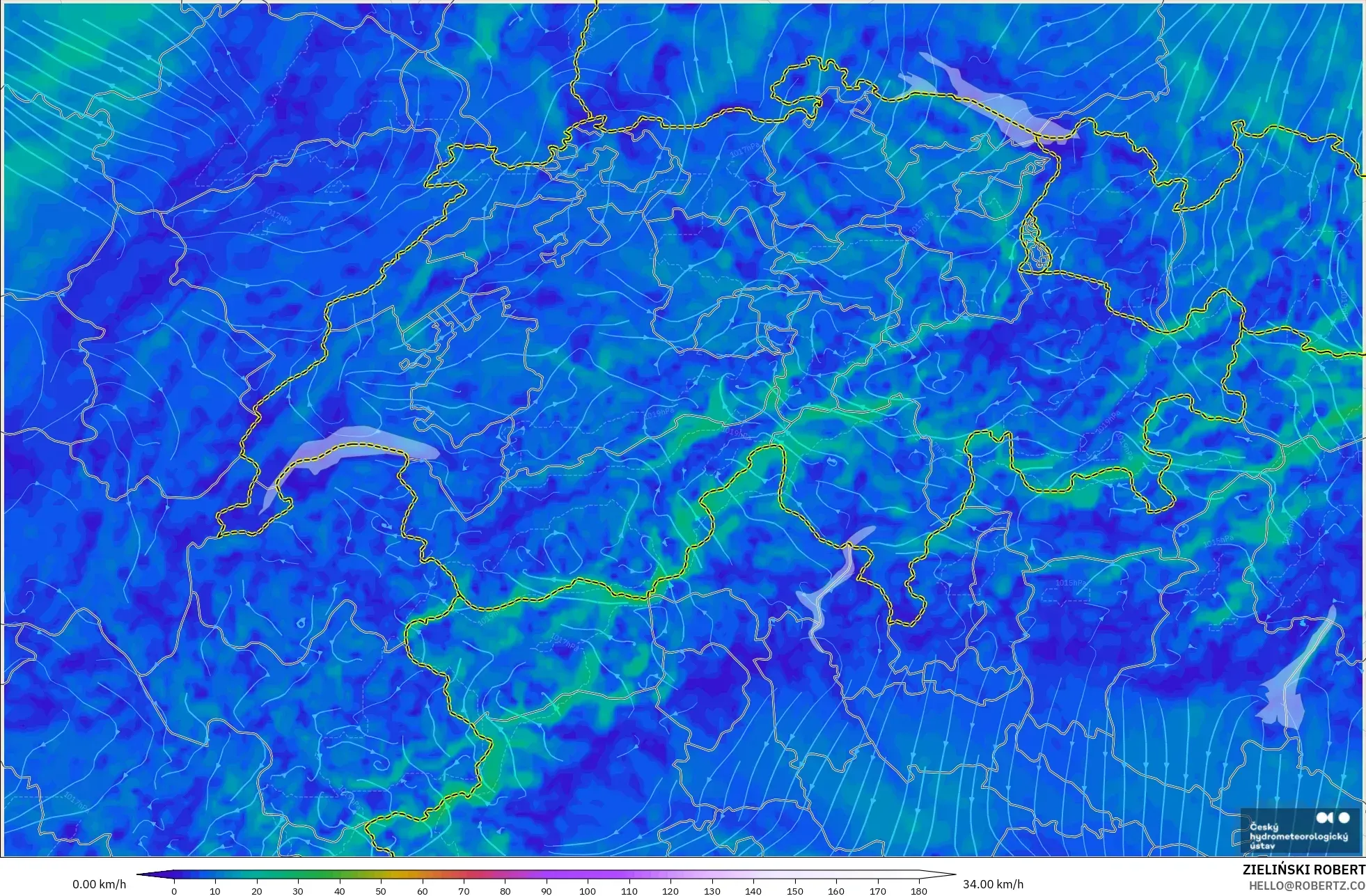 ALADIN CZ 2.3 km model - Switzerland, Angin 10 m