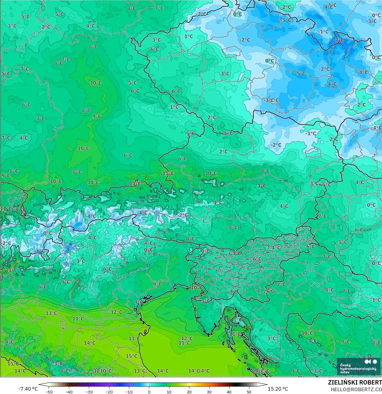 ALADIN CZ 2.3 km model - Austria, Titik Embun 2 m