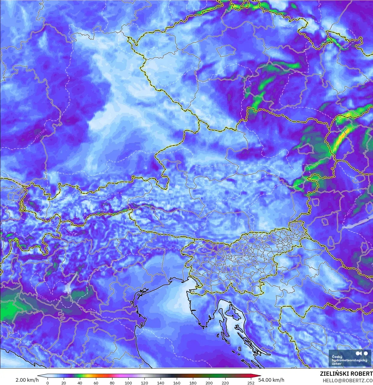 ALADIN CZ 2.3 km model - Austria, Puncak Hembusan