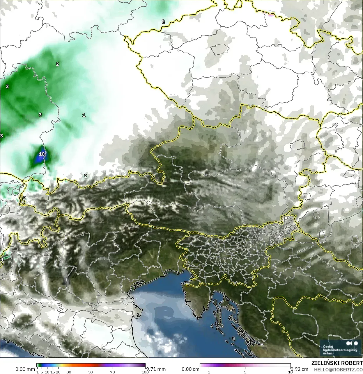 ALADIN CZ 2.3 km model - Austria, Curah Hujan, Awan, dan Tekanan