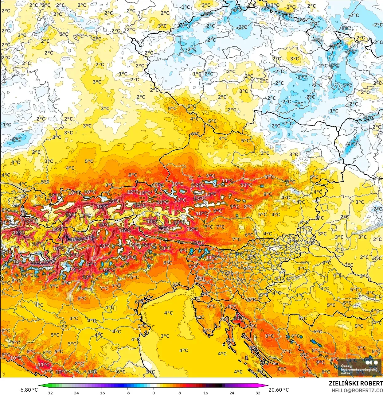 ALADIN CZ 2.3 km model - Austria, Anomali Suhu 2 m