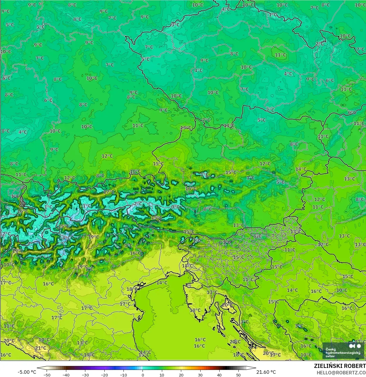 ALADIN CZ 2.3 km model - Austria, Suhu 2 m