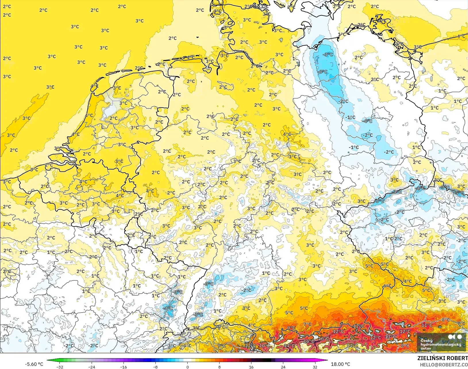ALADIN CZ 2.3 km model - Jerman, Anomali Suhu 2 m