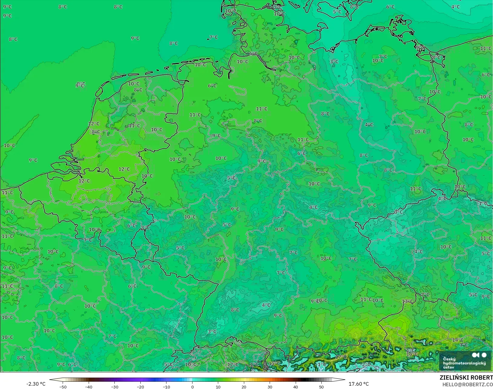ALADIN CZ 2.3 km model - Jerman, Suhu 2 m