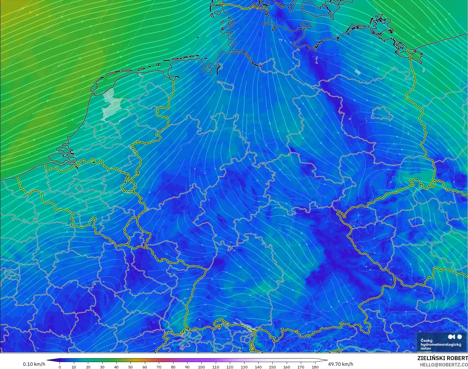 ALADIN CZ 2.3 km model - Jerman, Angin 10 m
