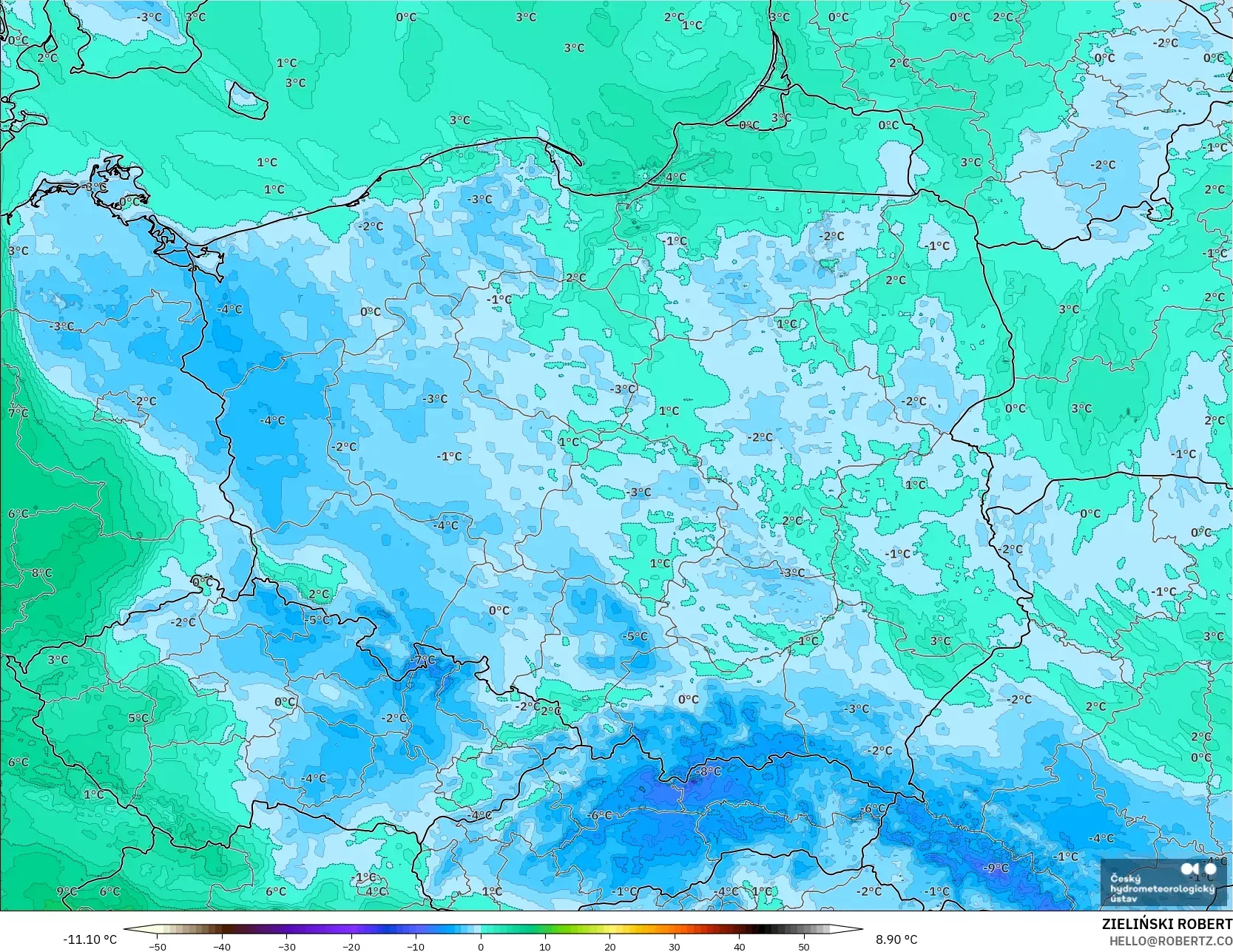 ALADIN CZ 2.3 km model - Polandia, Titik Embun 2 m