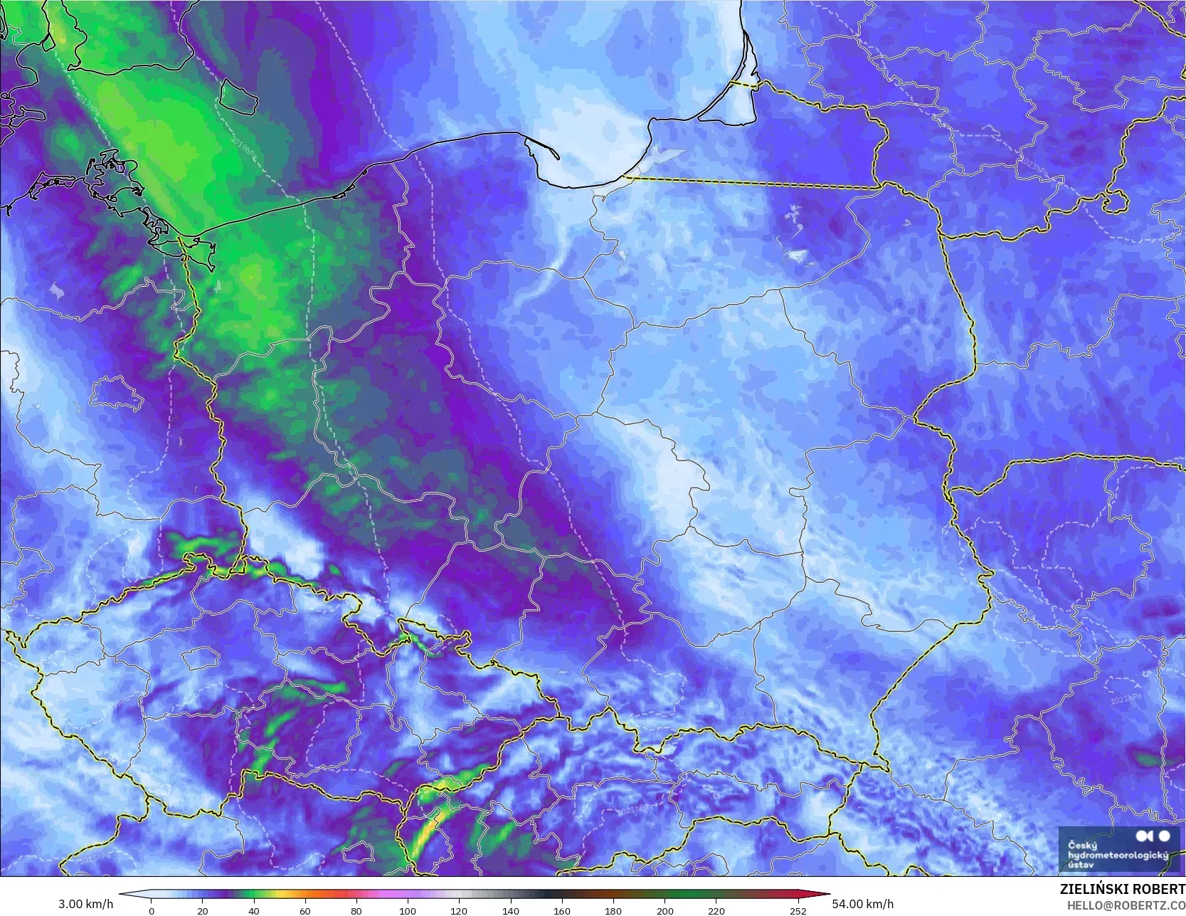 ALADIN CZ 2.3 km model - Polandia, Puncak Hembusan