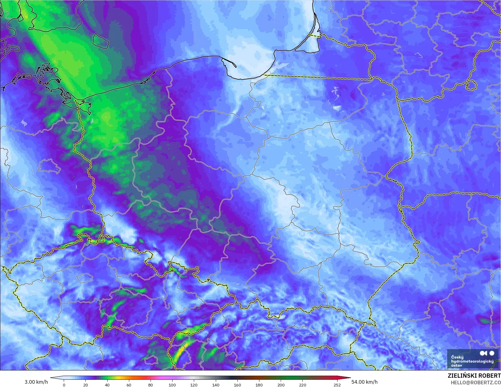 ALADIN CZ 2.3 km model - Polandia, Hembusan Angin