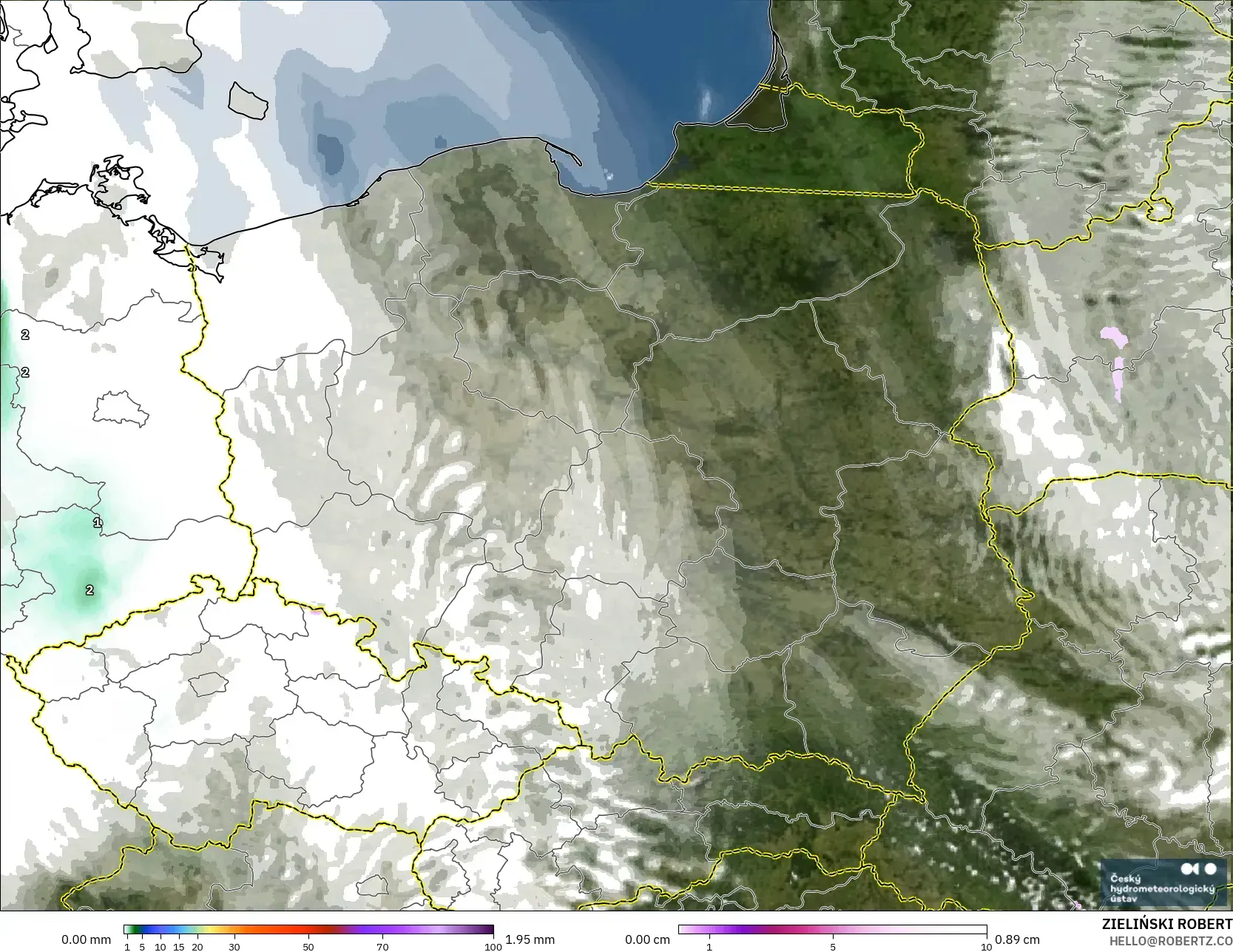 ALADIN CZ 2.3 km model - Polandia, Curah Hujan, Awan, dan Tekanan