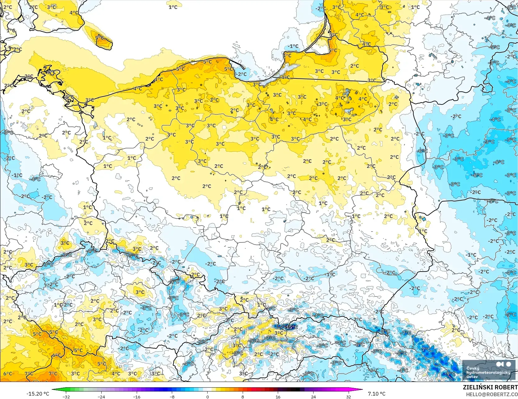 ALADIN CZ 2.3 km model - Polandia, Anomali Suhu 2 m