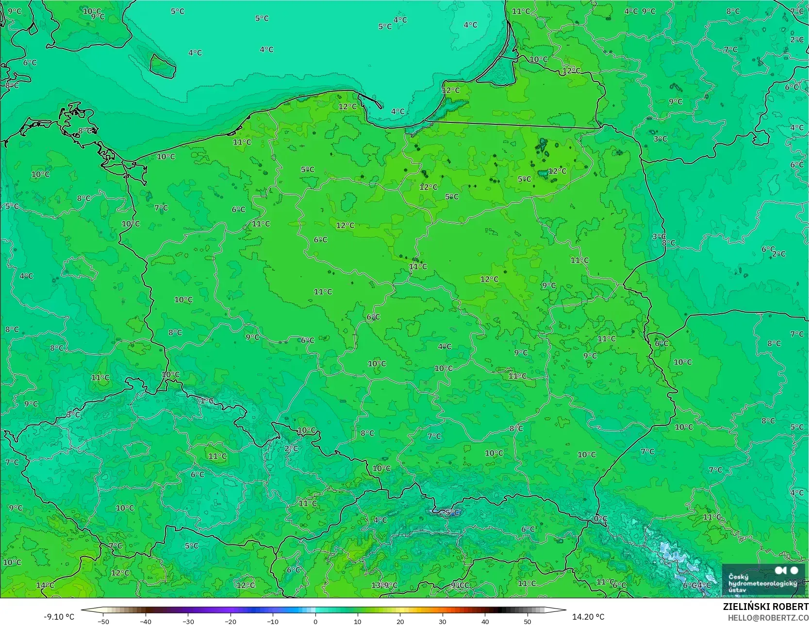ALADIN CZ 2.3 km model - Polandia, Suhu 2 m