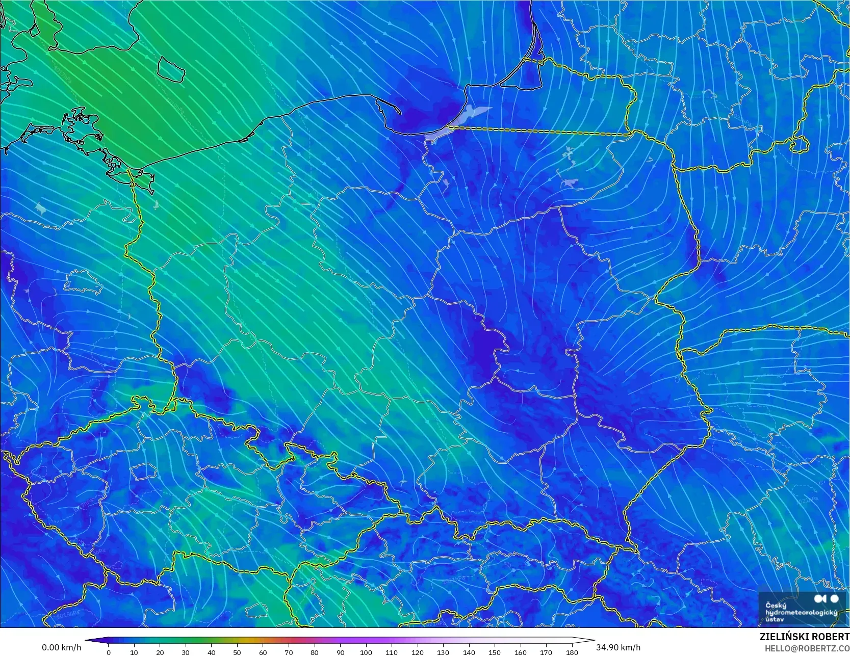 ALADIN CZ 2.3 km model - Polandia, Angin 10 m