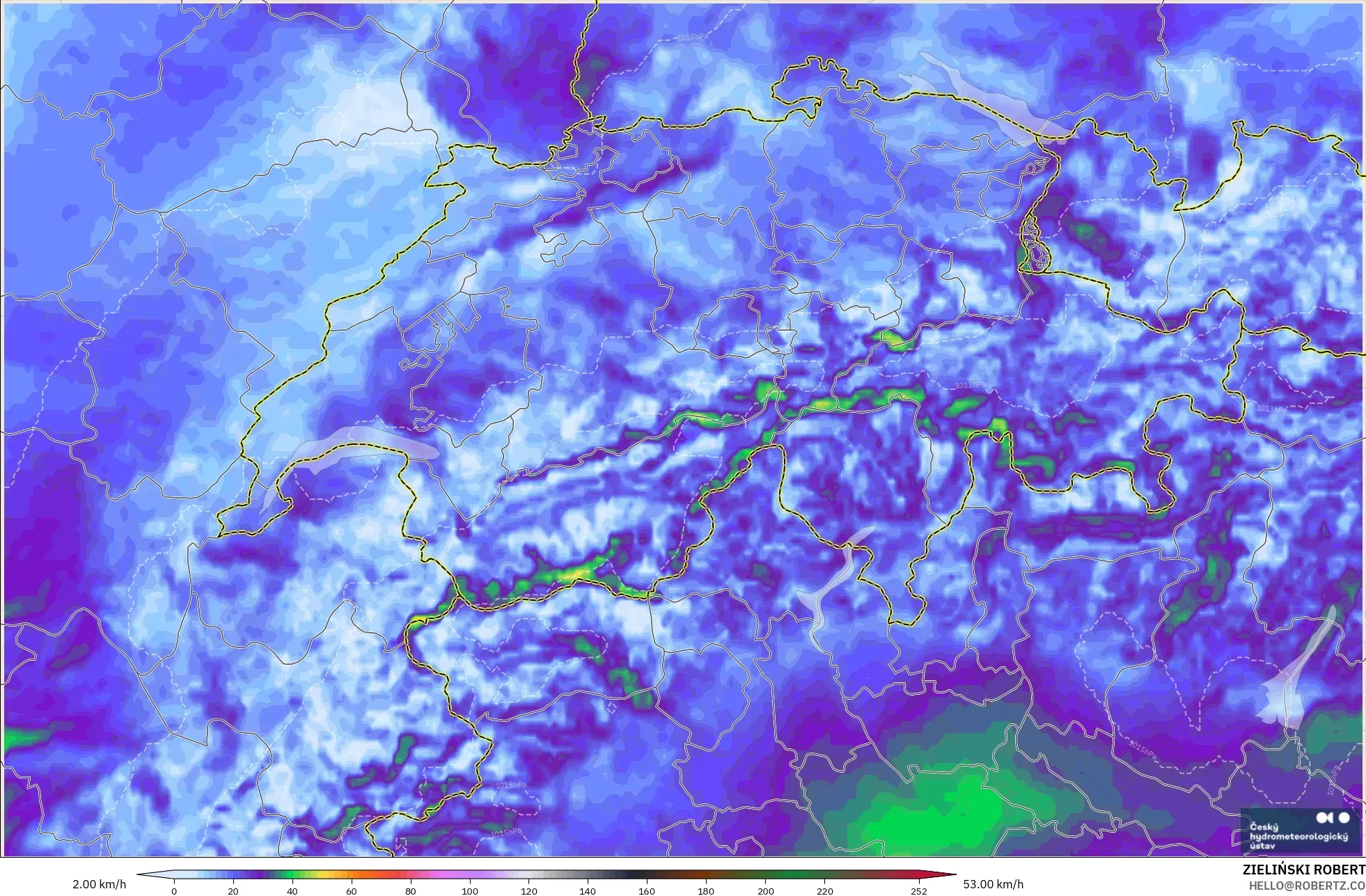 ALADIN CZ 2.3 km model - Swiss, Puncak Hembusan