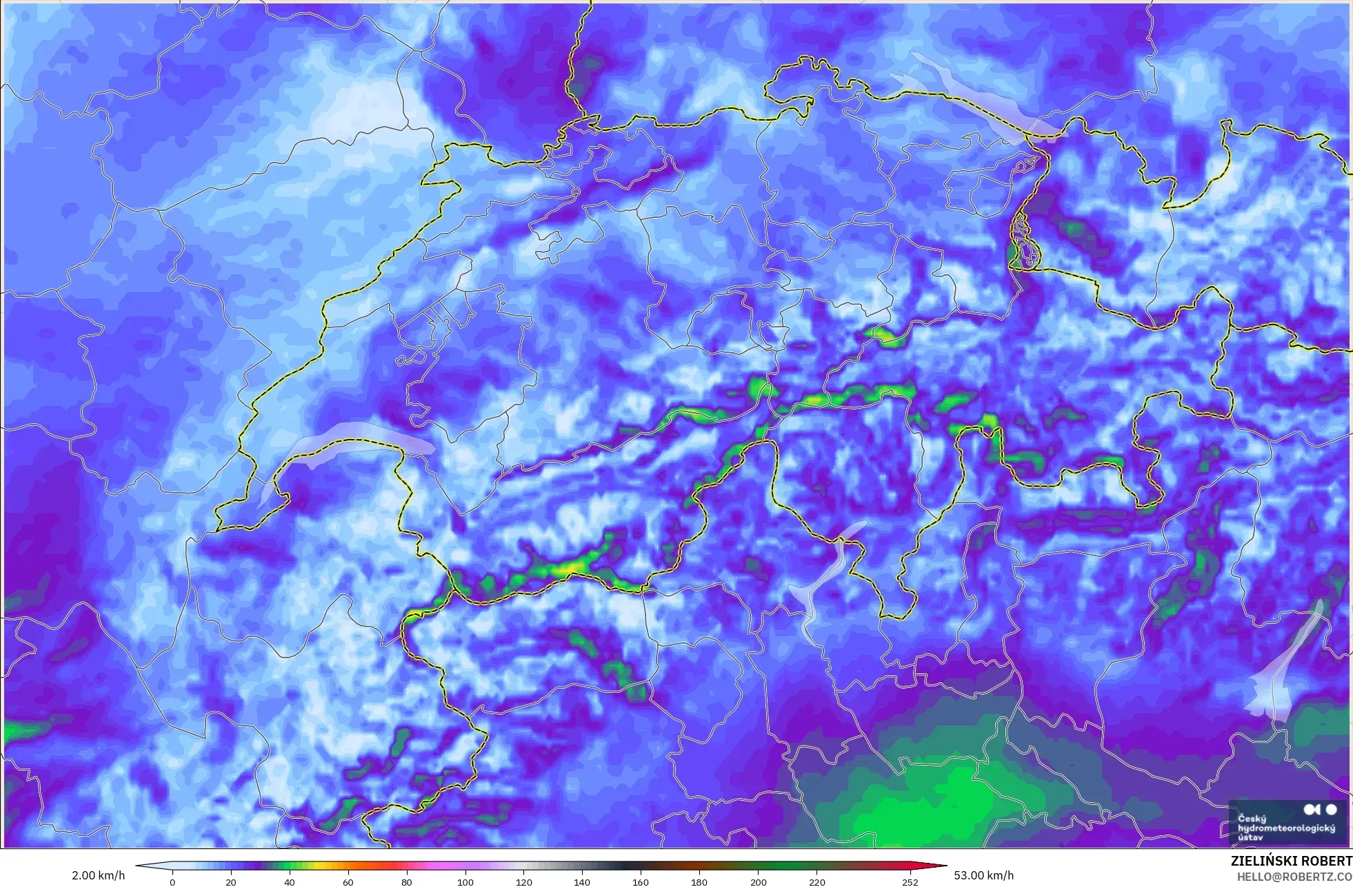 ALADIN CZ 2.3 km model - Swiss, Hembusan Angin