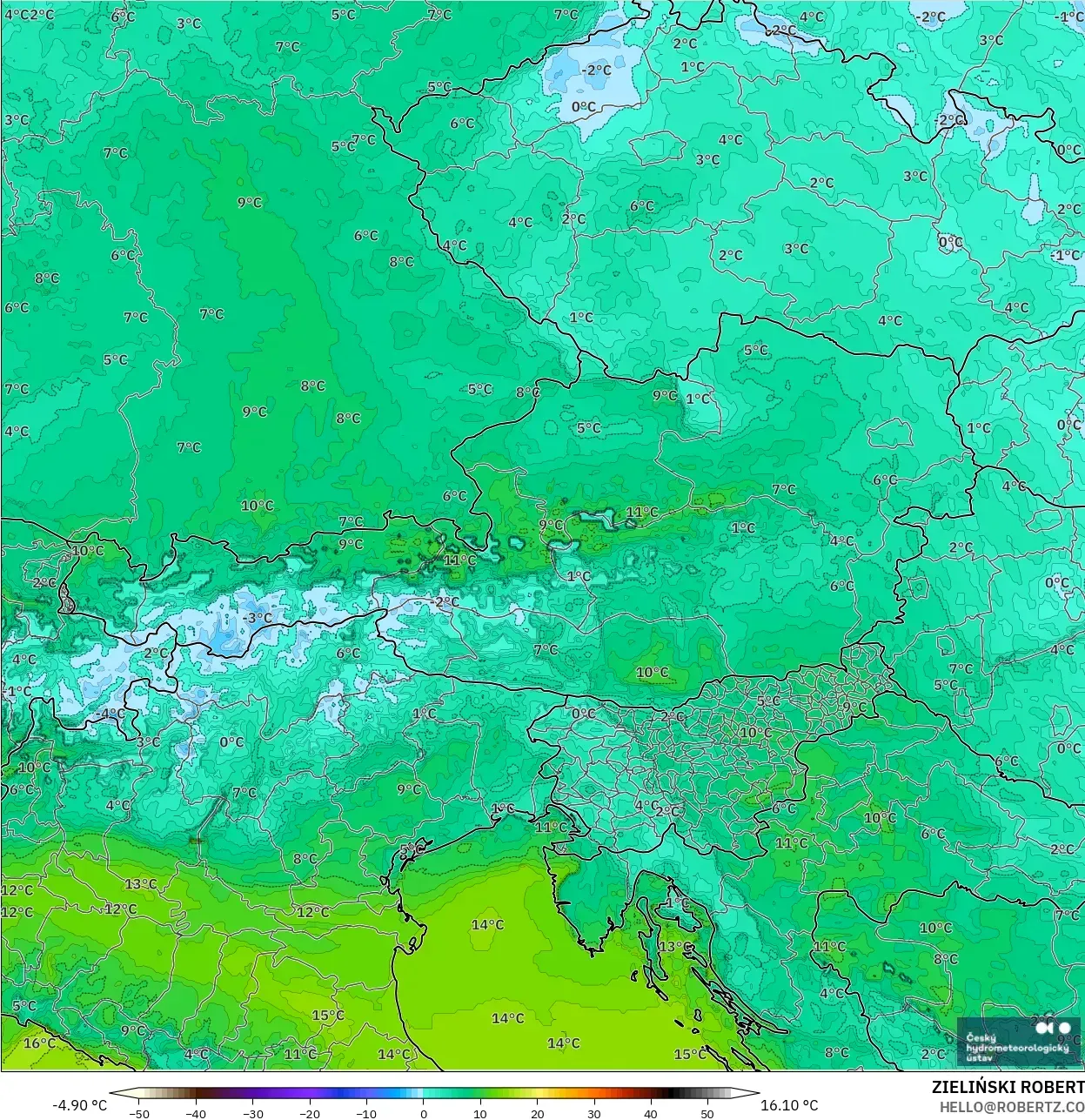ALADIN CZ 2.3 km model - Austria, Titik Embun 2 m