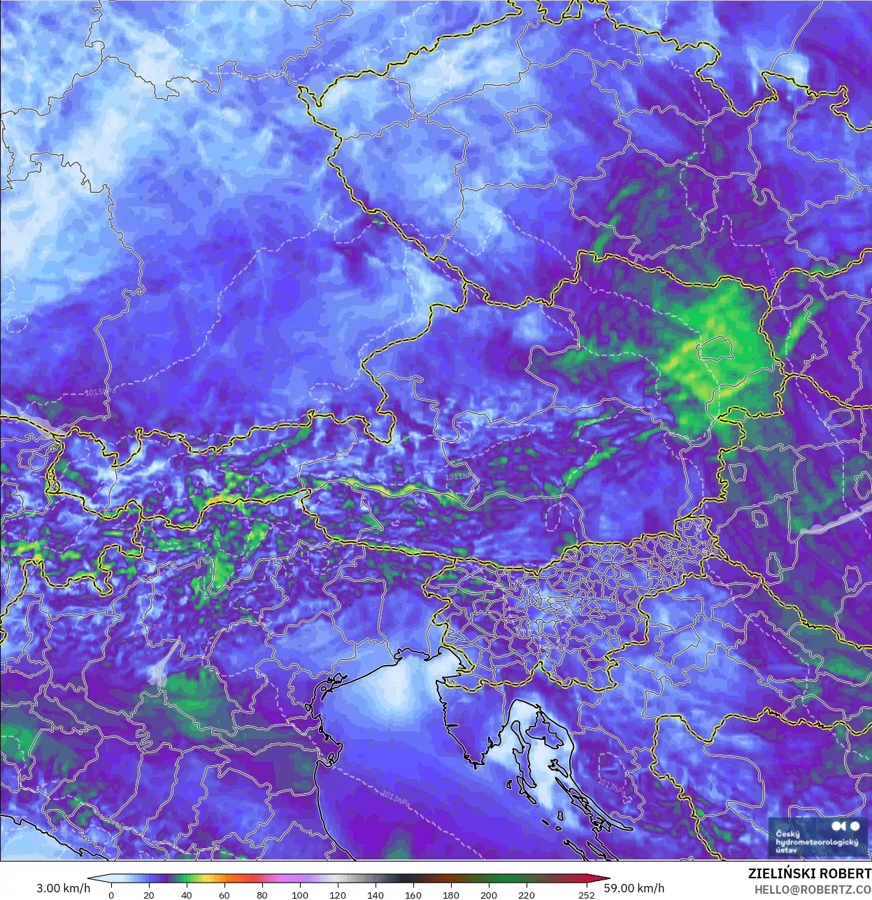 ALADIN CZ 2.3 km model - Austria, Puncak Hembusan