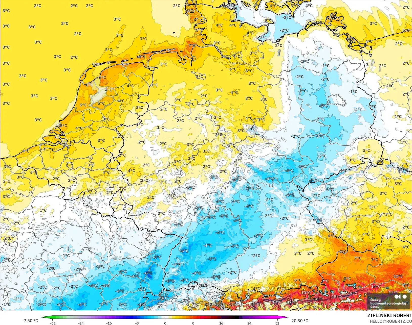 ALADIN CZ 2.3 km model - Jerman, Anomali Suhu 2 m