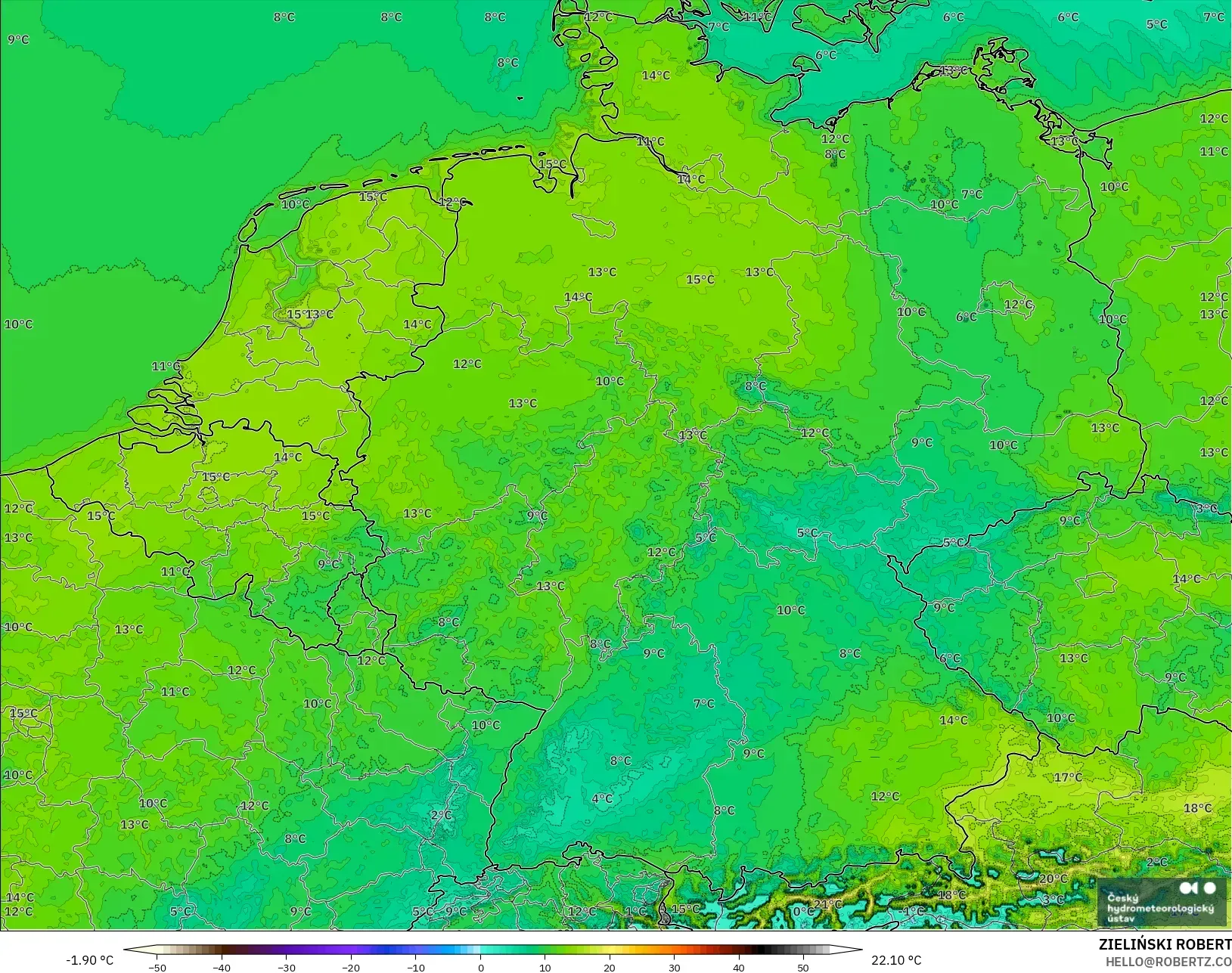 ALADIN CZ 2.3 km model - Jerman, Suhu 2 m