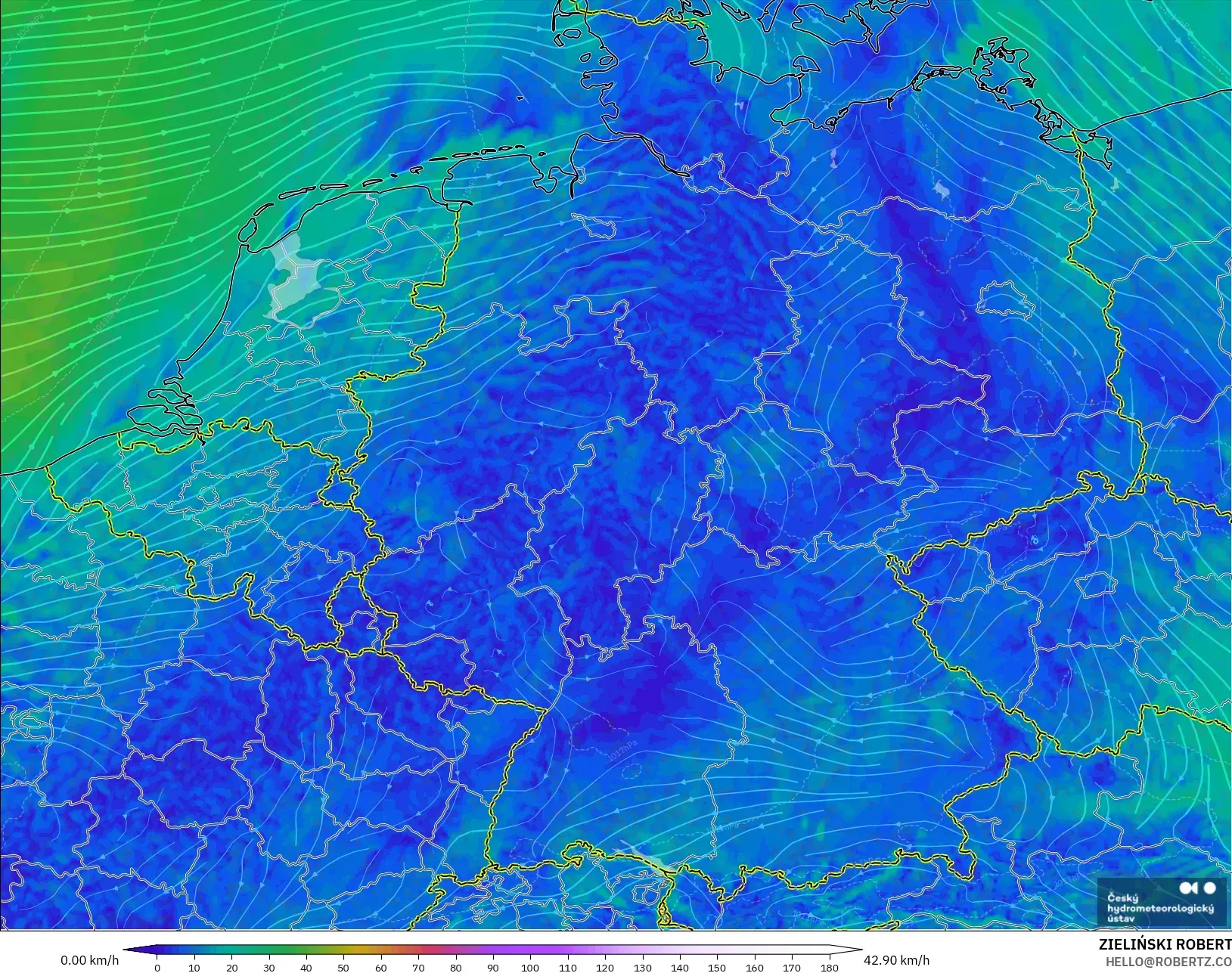 ALADIN CZ 2.3 km model - Jerman, Angin 10 m