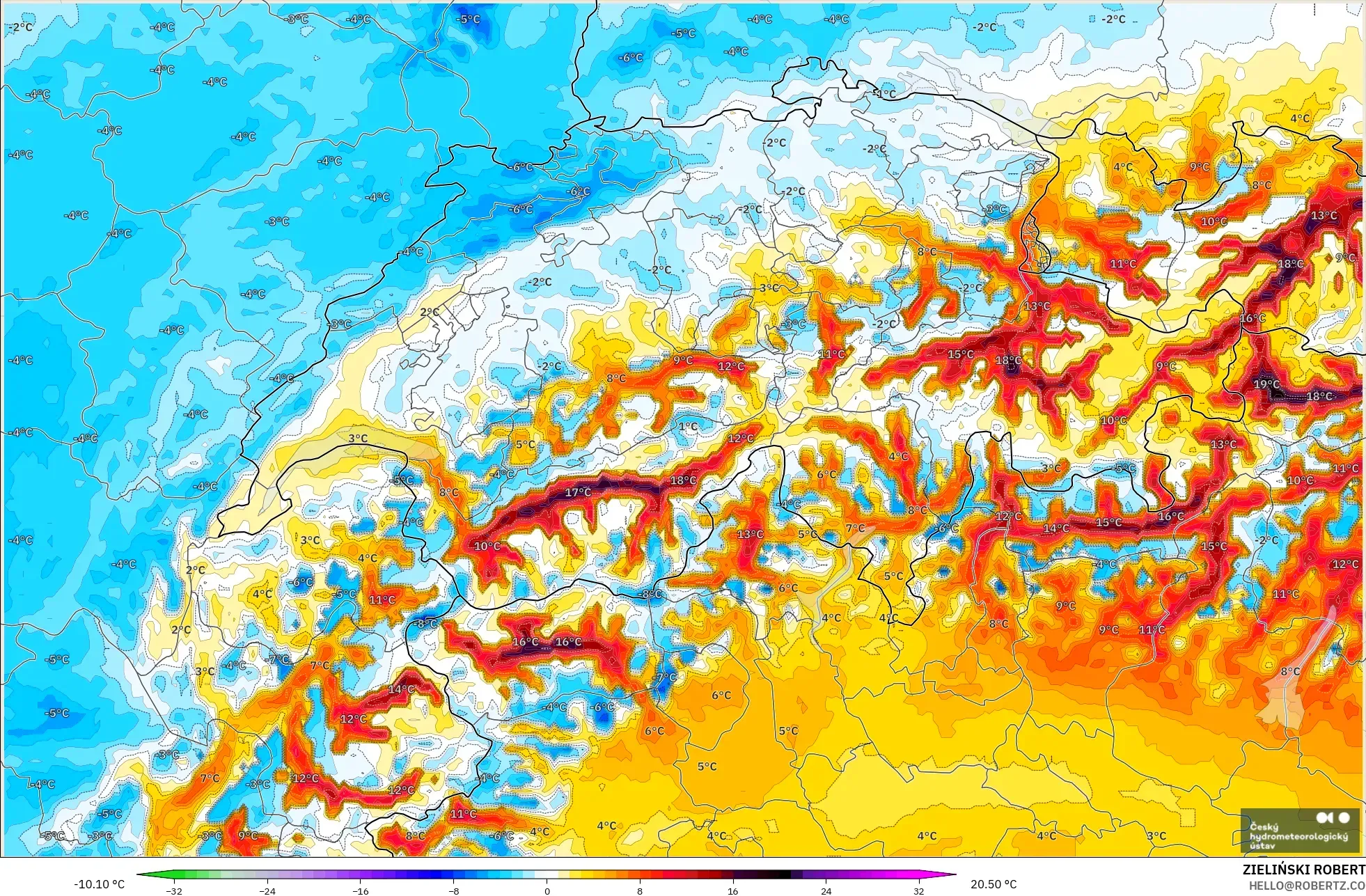 ALADIN CZ 2.3 km model - Swiss, Anomali Suhu 2 m