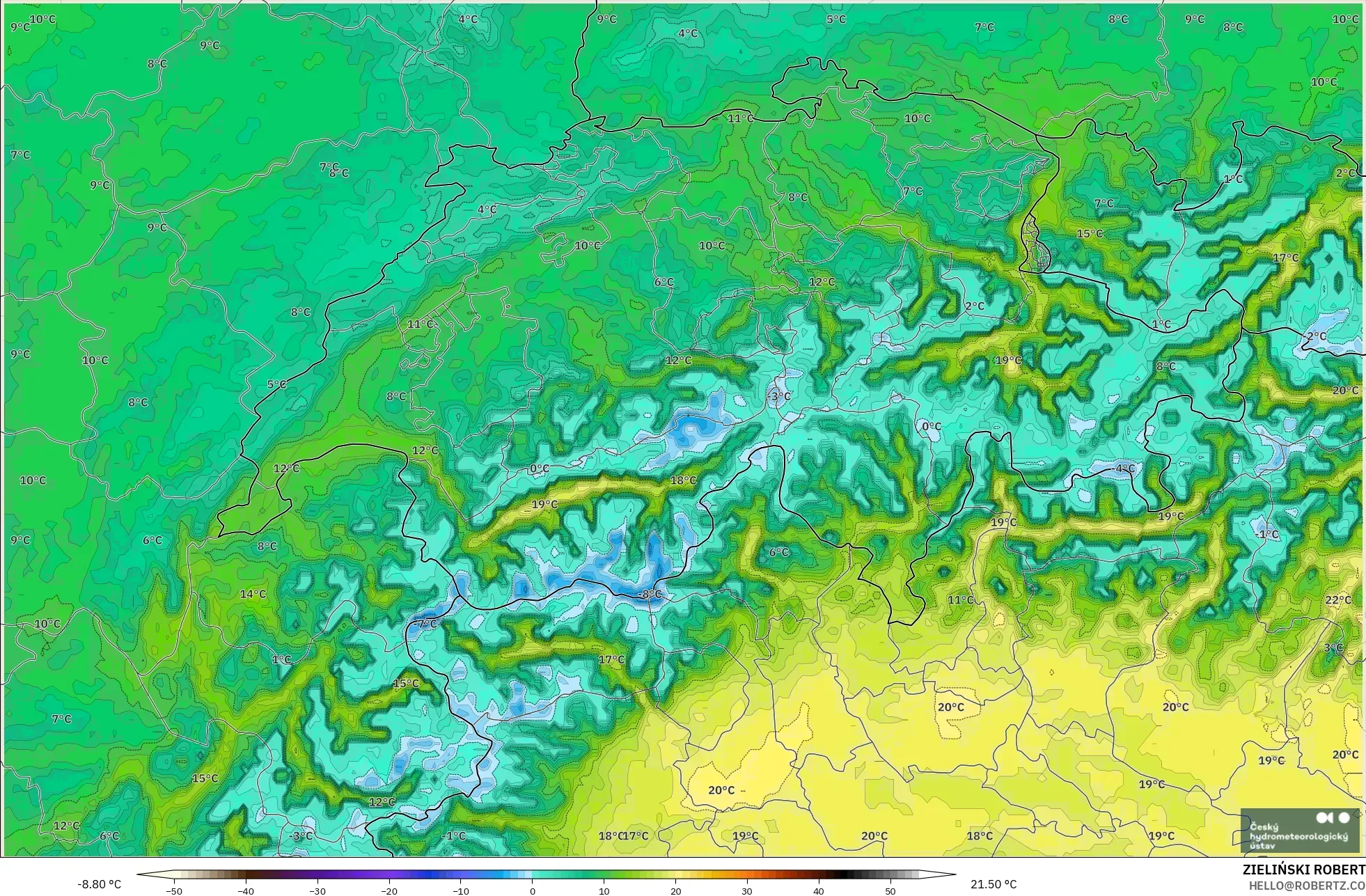 ALADIN CZ 2.3 km model - Swiss, Suhu 2 m