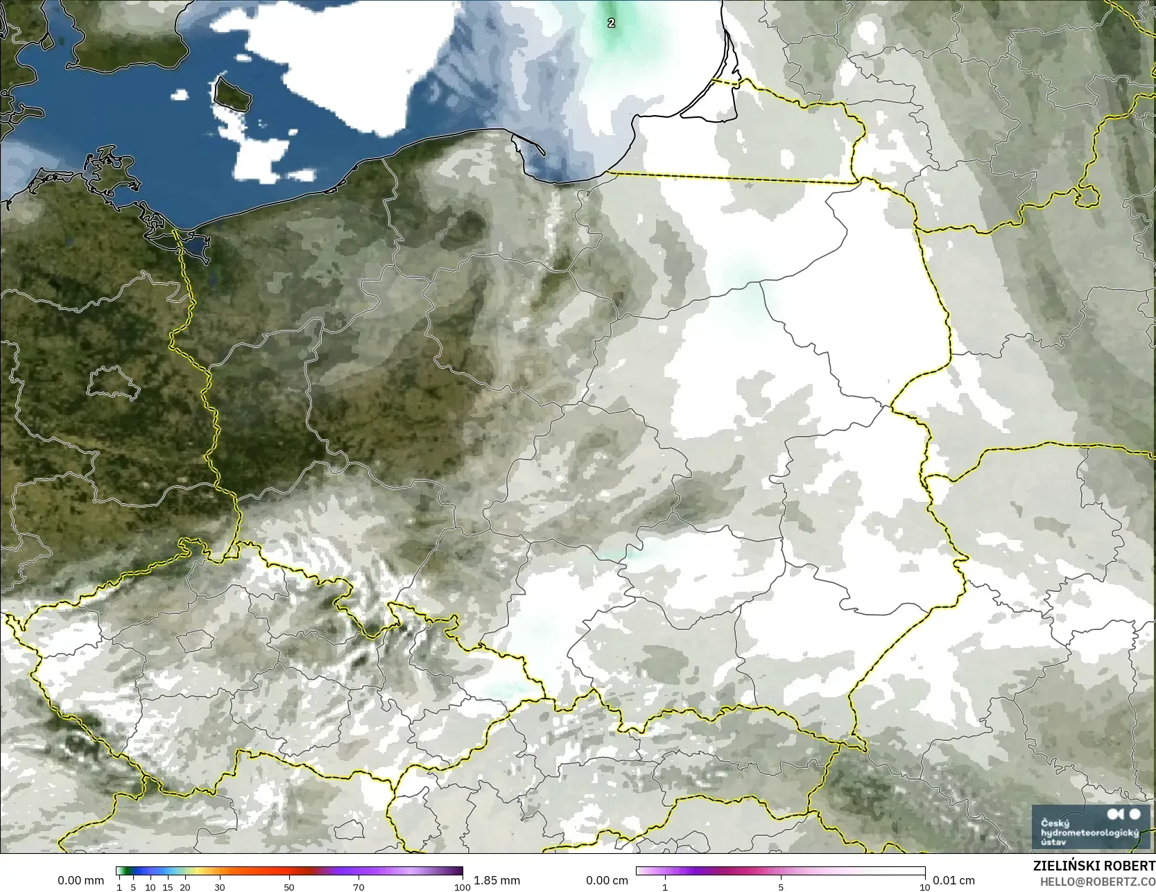 ALADIN CZ 2.3 كم نموذج - بولندا, الهطول والغيوم والضغط