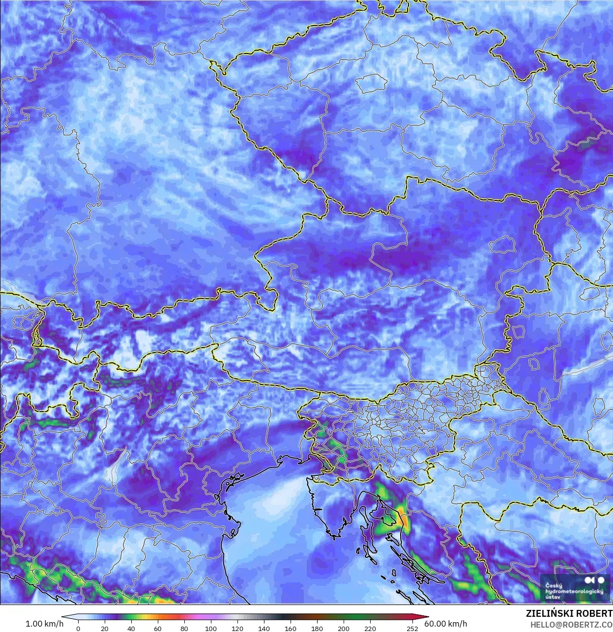 ALADIN CZ 2.3 كم نموذج - النمسا, هبات الرياح