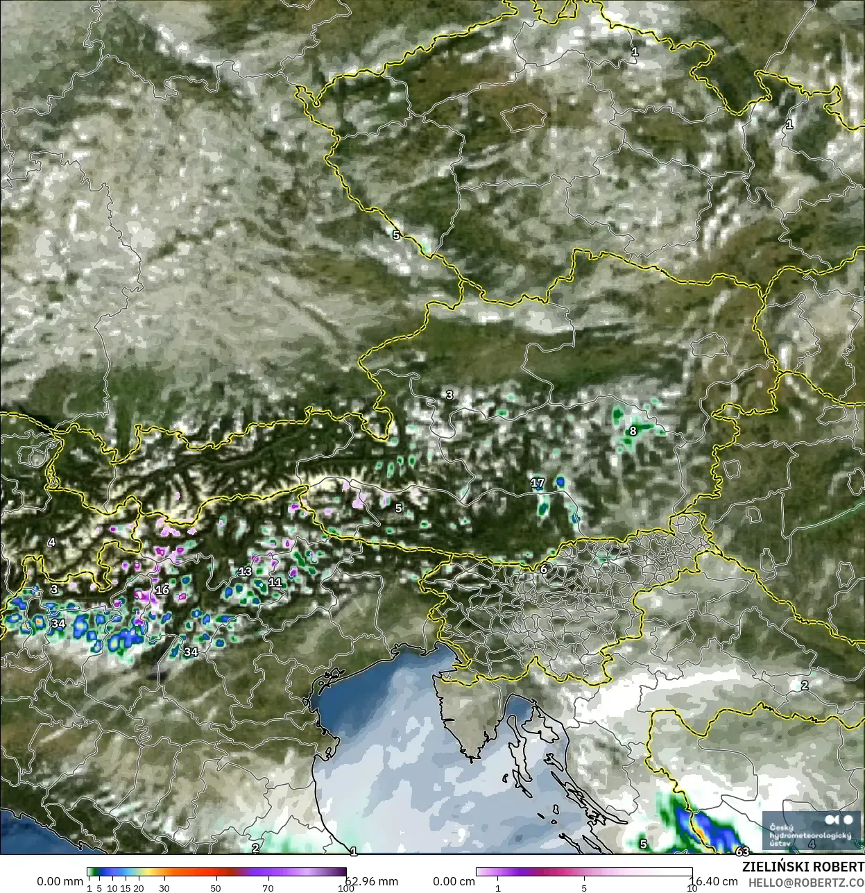 ALADIN CZ 2.3 كم نموذج - النمسا, الهطول والغيوم والضغط