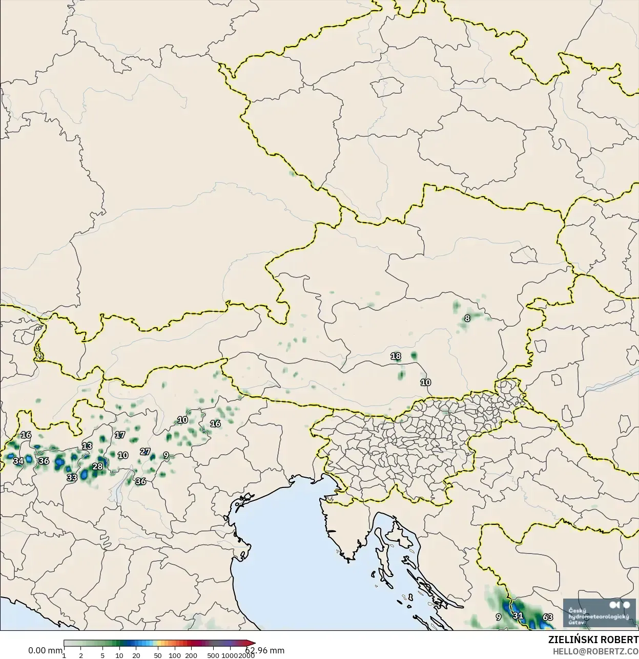 ALADIN CZ 2.3 كم نموذج - النمسا, تراكم الهطول