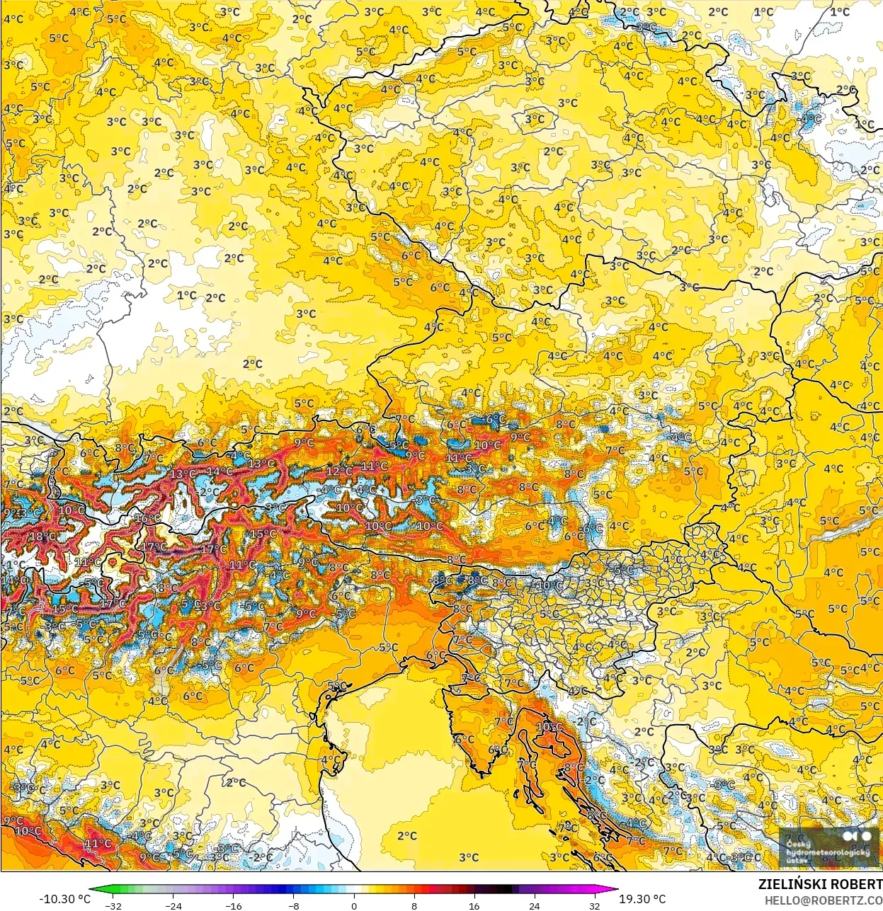 ALADIN CZ 2.3 كم نموذج - النمسا, انحراف درجة الحرارة 2 م