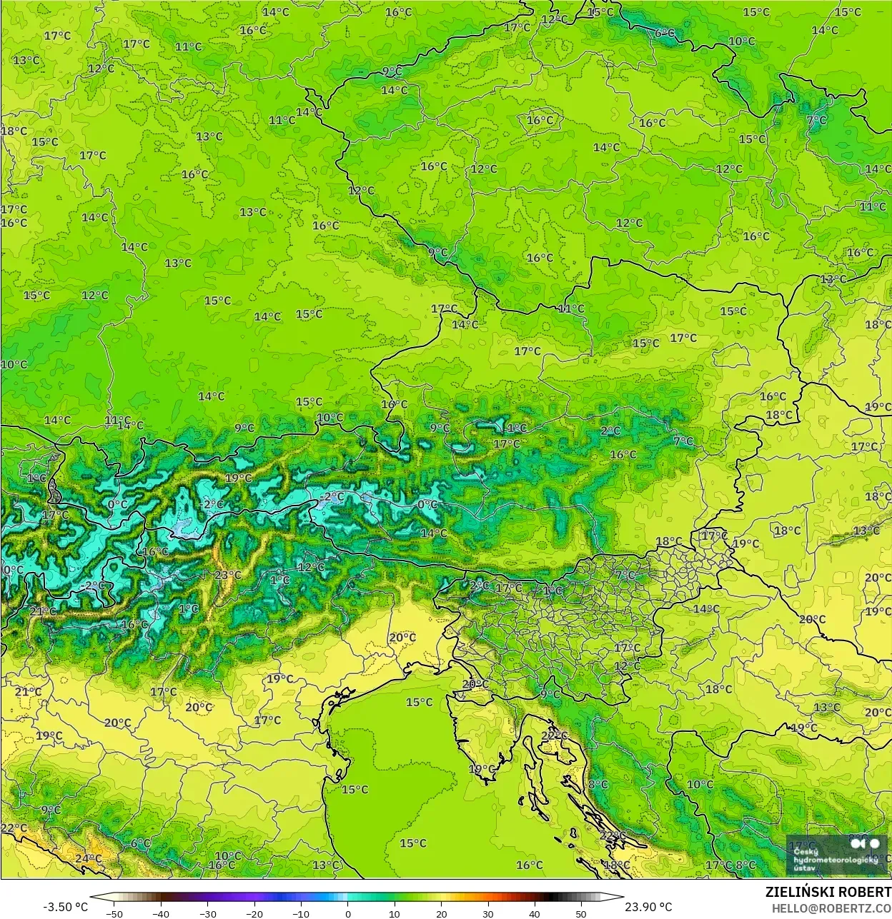 ALADIN CZ 2.3 كم نموذج - النمسا, درجة الحرارة على ارتفاع 2 م