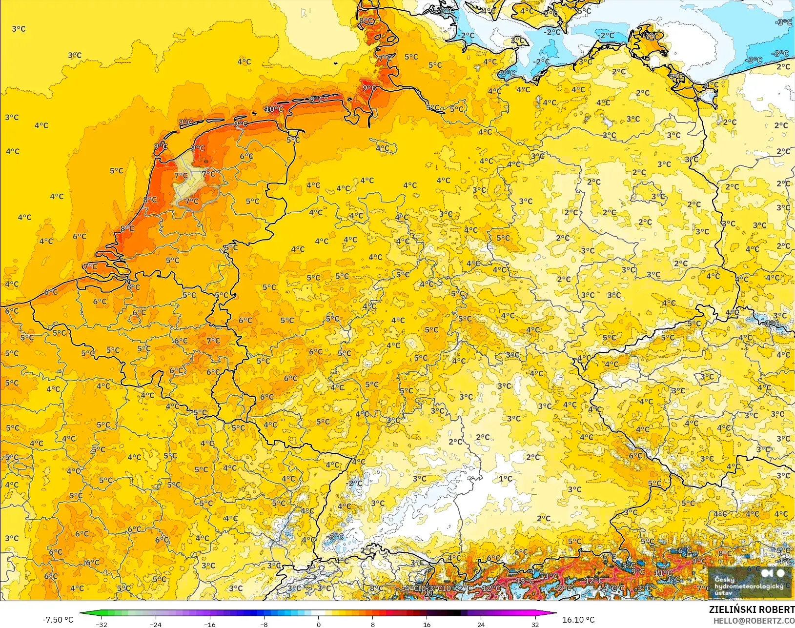 ALADIN CZ 2.3 كم نموذج - ألمانيا, انحراف درجة الحرارة 2 م