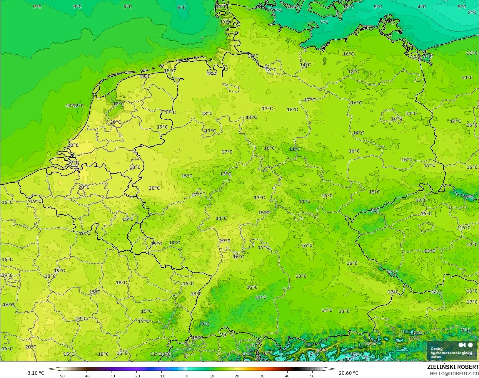 ALADIN CZ 2.3 كم نموذج - ألمانيا, درجة الحرارة على ارتفاع 2 م