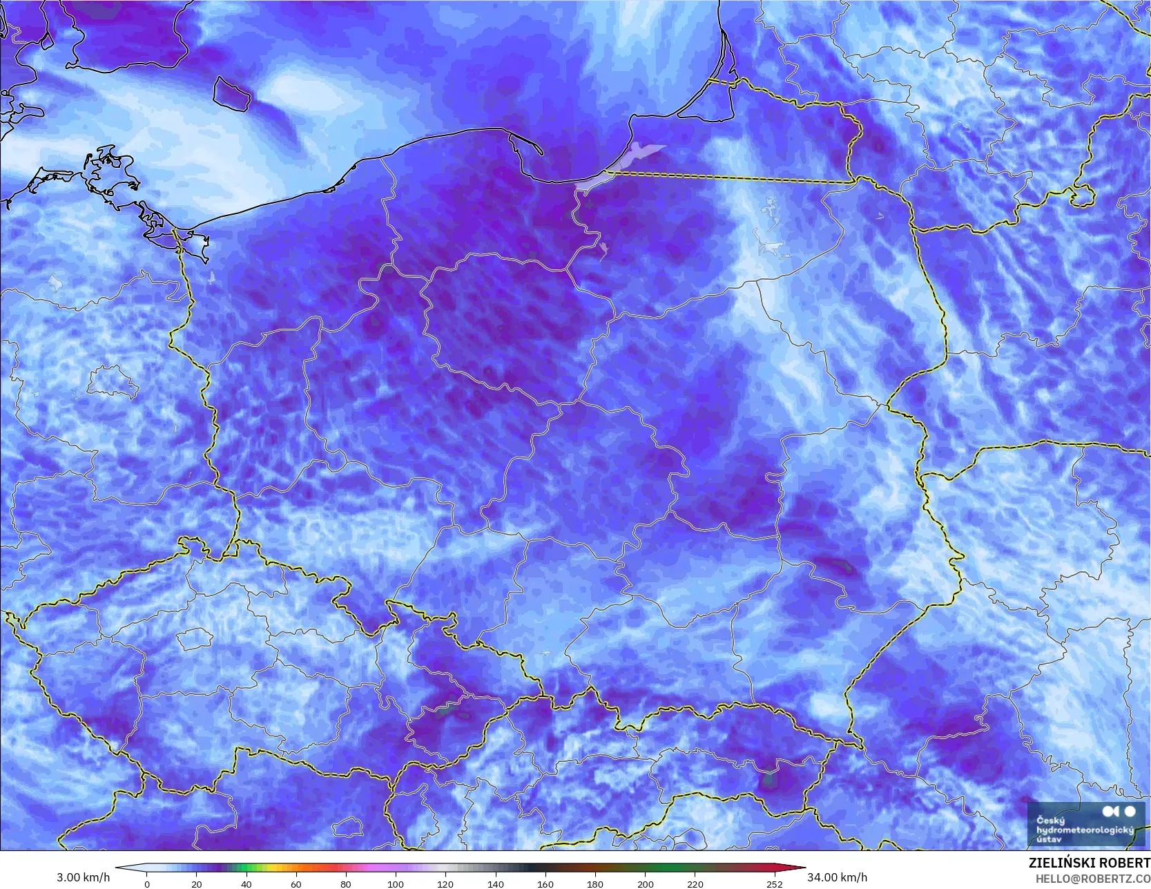 ALADIN CZ 2.3 كم نموذج - بولندا, هبات الرياح