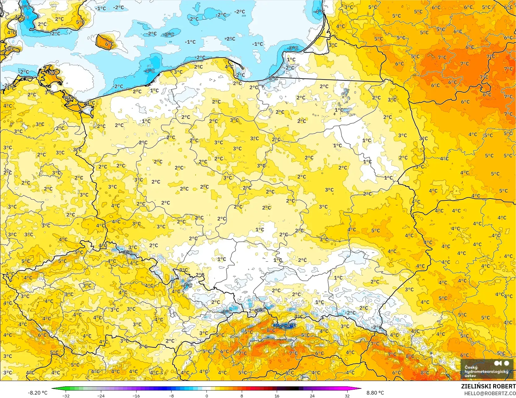 ALADIN CZ 2.3 كم نموذج - بولندا, انحراف درجة الحرارة 2 م