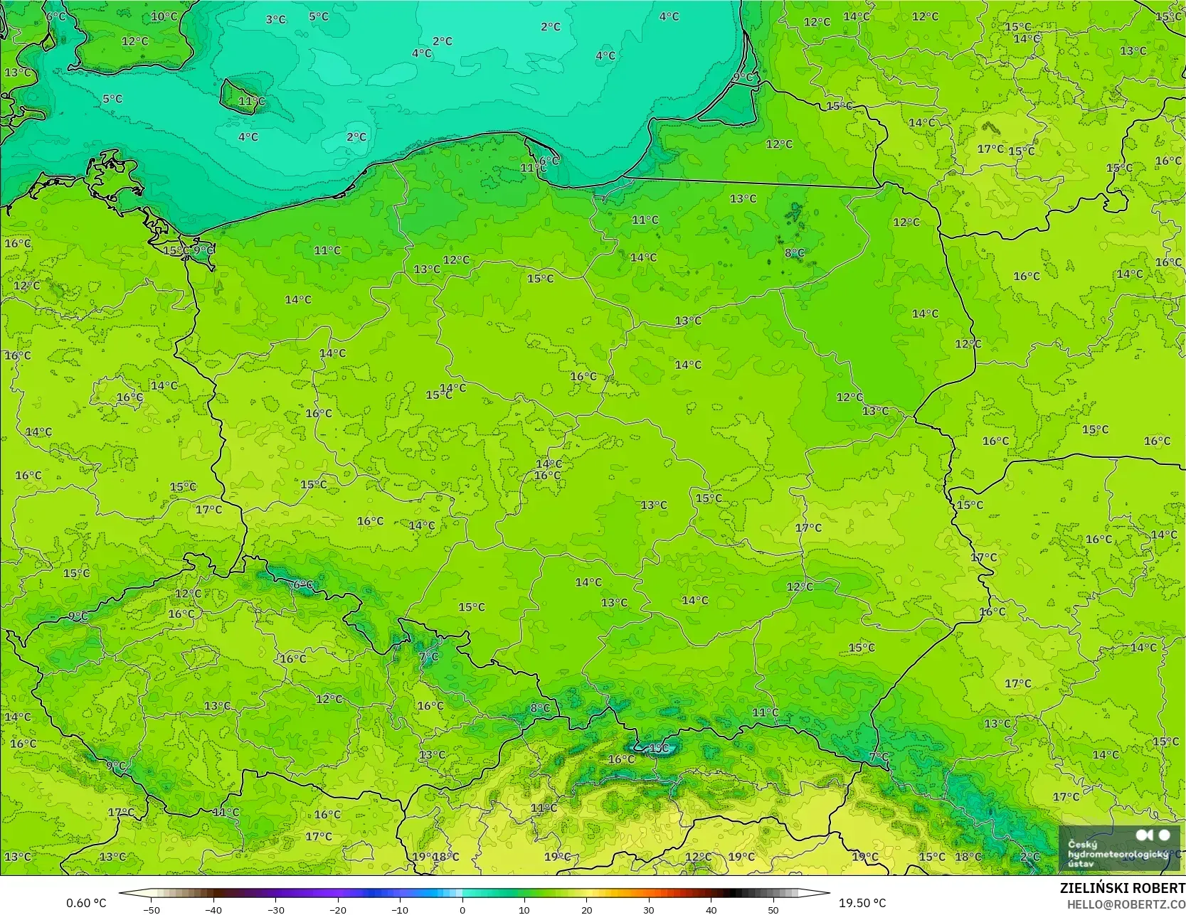 ALADIN CZ 2.3 كم نموذج - بولندا, درجة الحرارة على ارتفاع 2 م