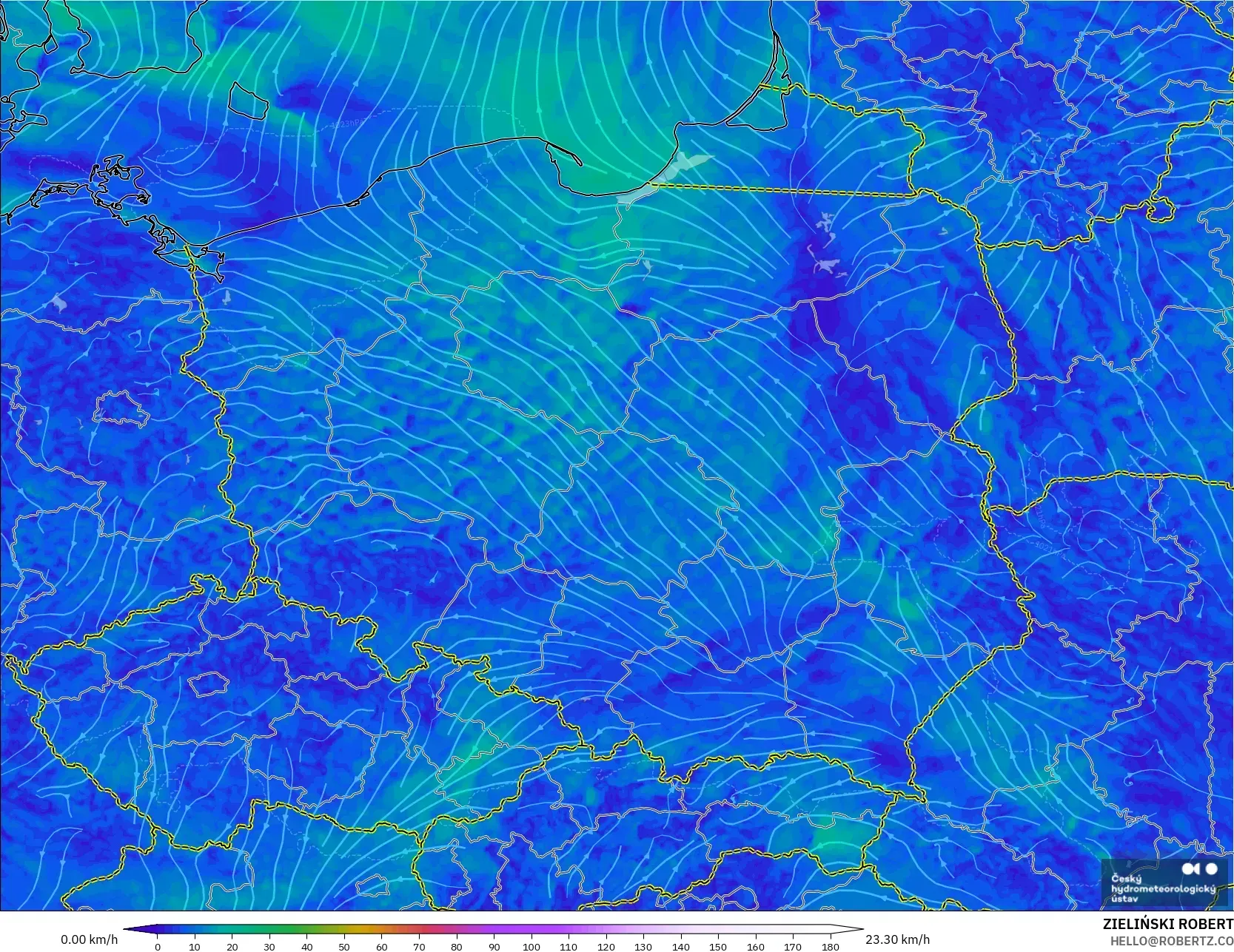 ALADIN CZ 2.3 كم نموذج - بولندا, رياح 10 م