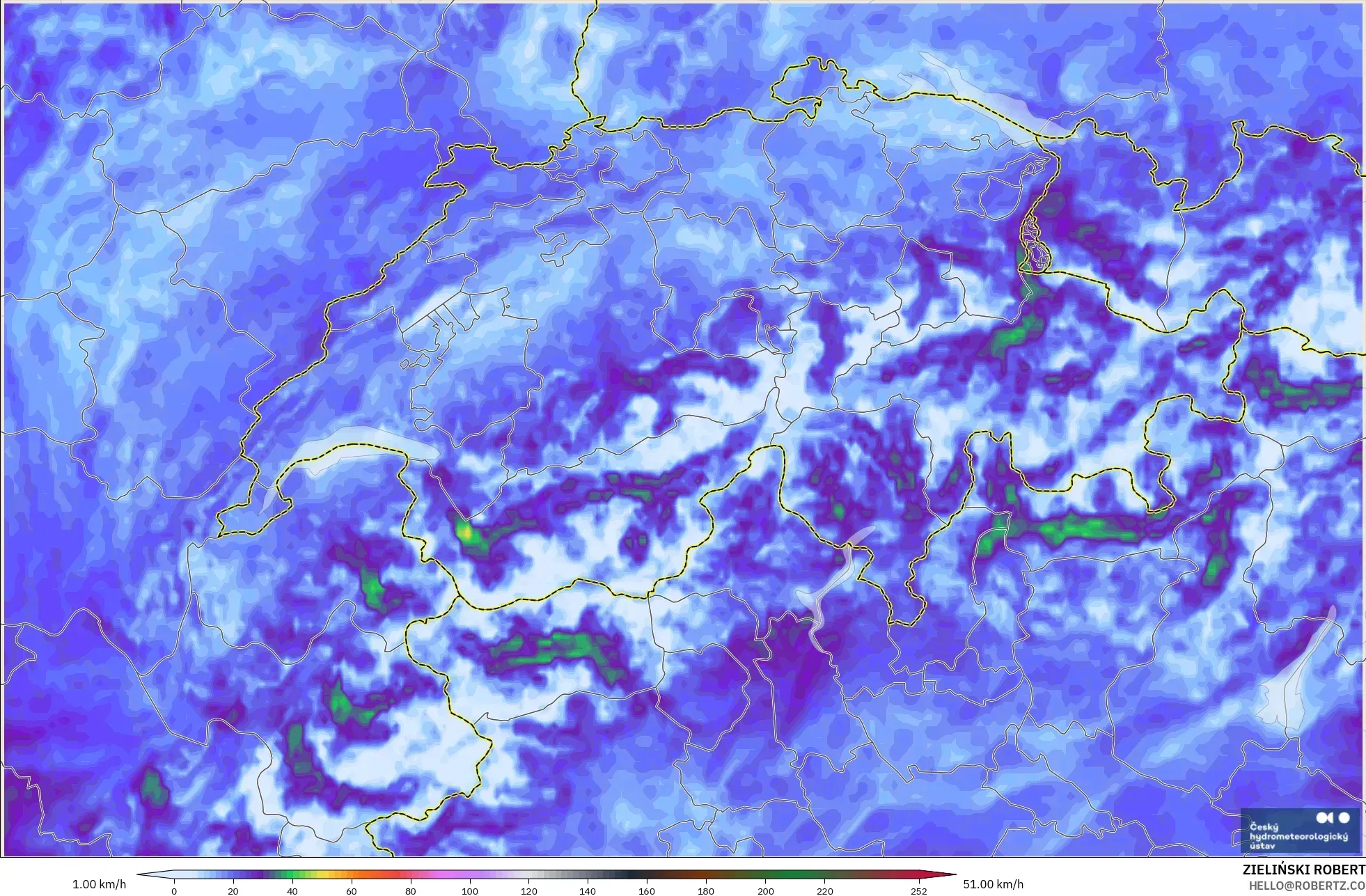 ALADIN CZ 2.3 كم نموذج - سويسرا, هبات الرياح