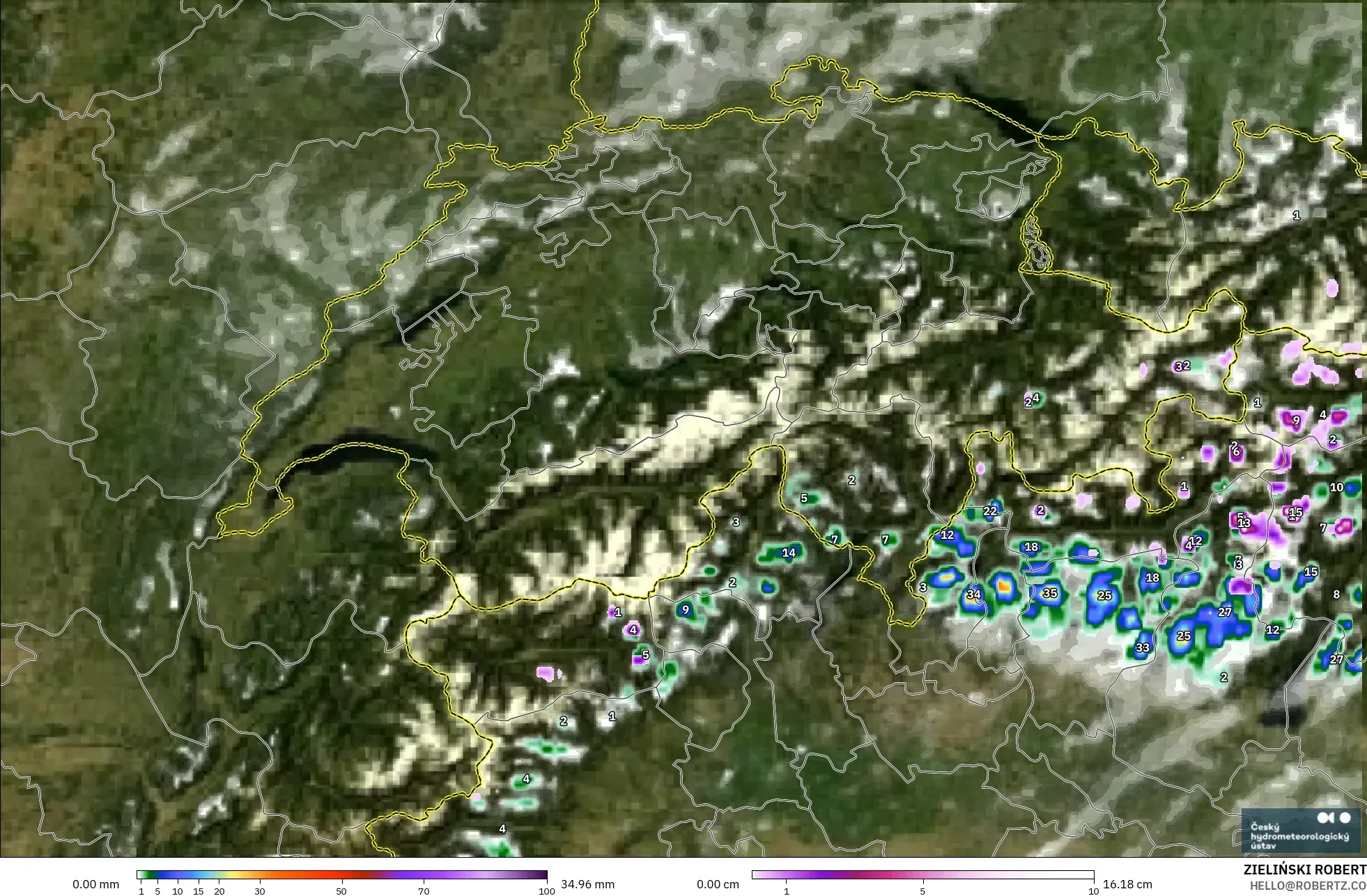 ALADIN CZ 2.3 كم نموذج - سويسرا, الهطول والغيوم والضغط
