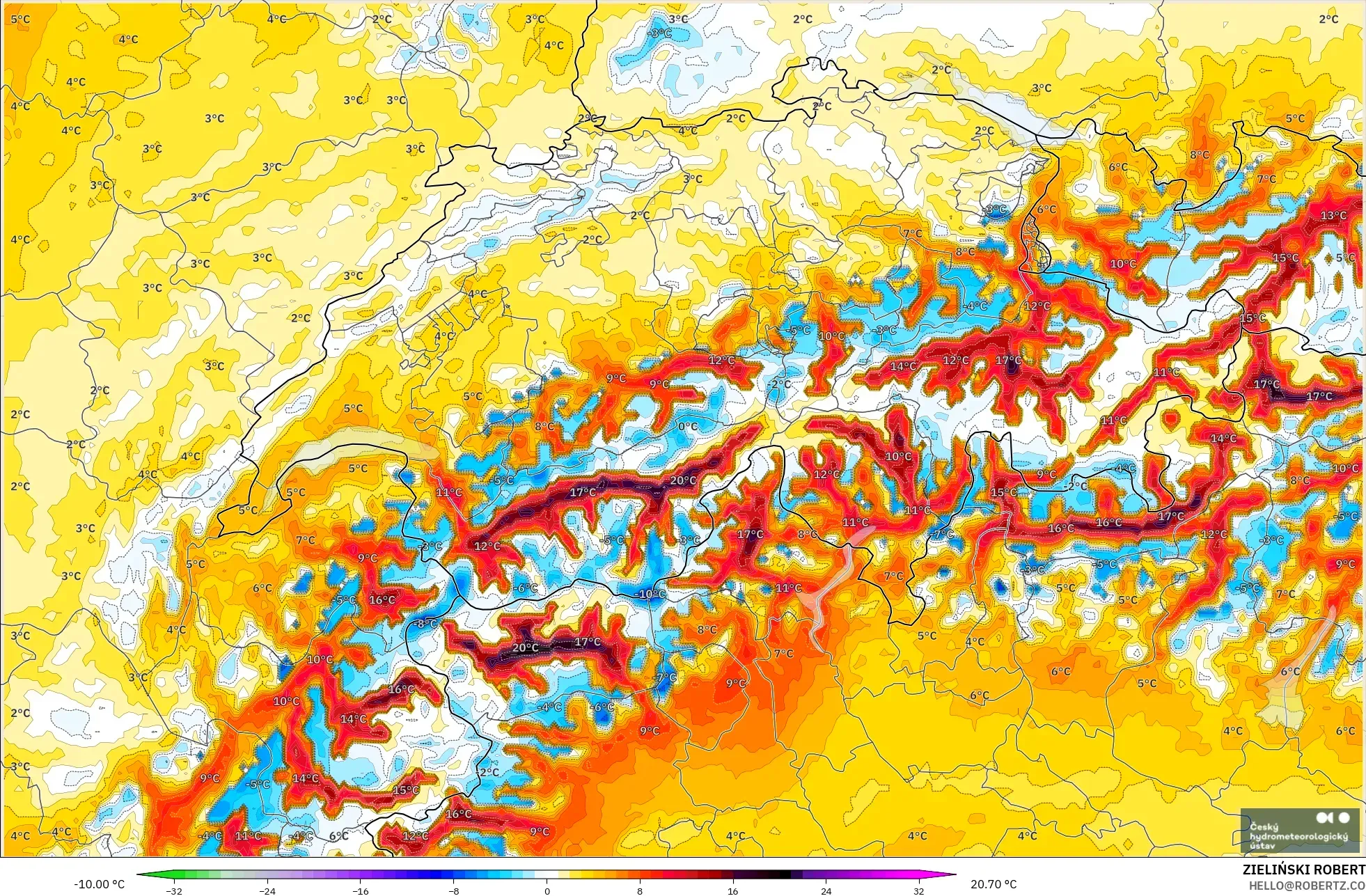 ALADIN CZ 2.3 كم نموذج - سويسرا, انحراف درجة الحرارة 2 م