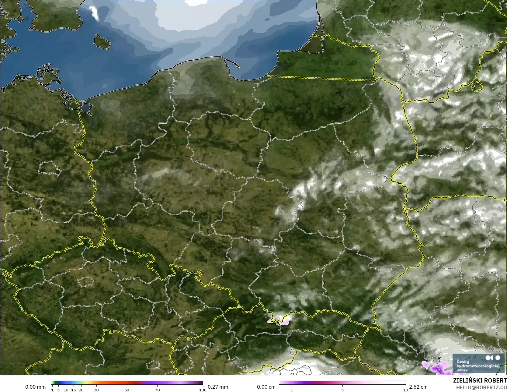 ALADIN CZ 2.3 km model - Poland, Precipitation, Clouds, and Pressure