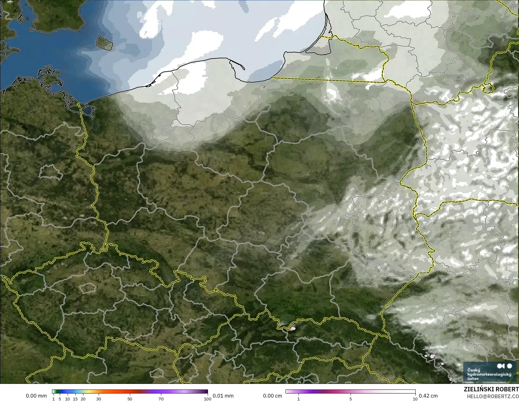 ALADIN CZ 2.3 km model - Poland, Precipitation, Clouds, and Pressure
